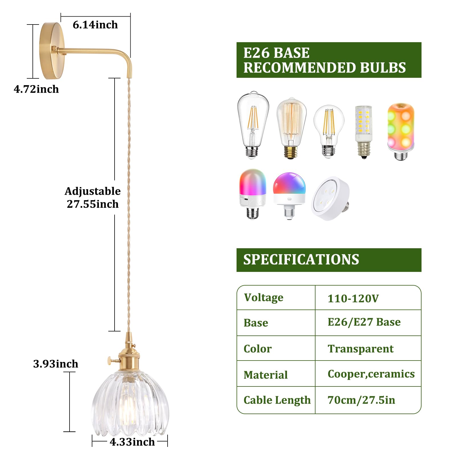 Shenmoyl Vintage Wall Sconce Lamp - Adjustable Chain, Glass Tulip Shade, Hardwired, Clear, Gold Finish