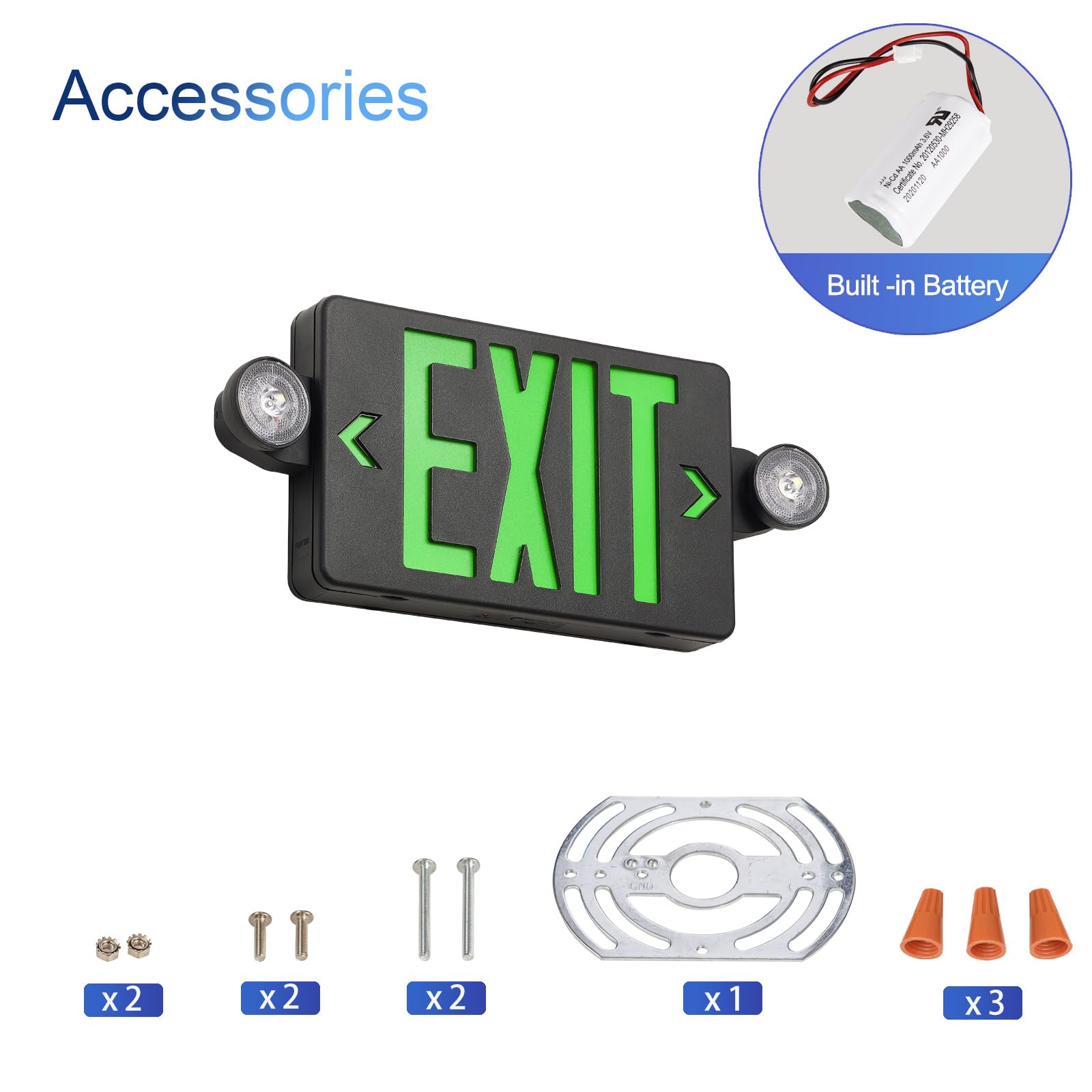 TANLUX Green Exit Sign with Emergency Lights, LED Emergency Exit Light with Battery Backup, Black Housing, UL Listed, AC 120/277
