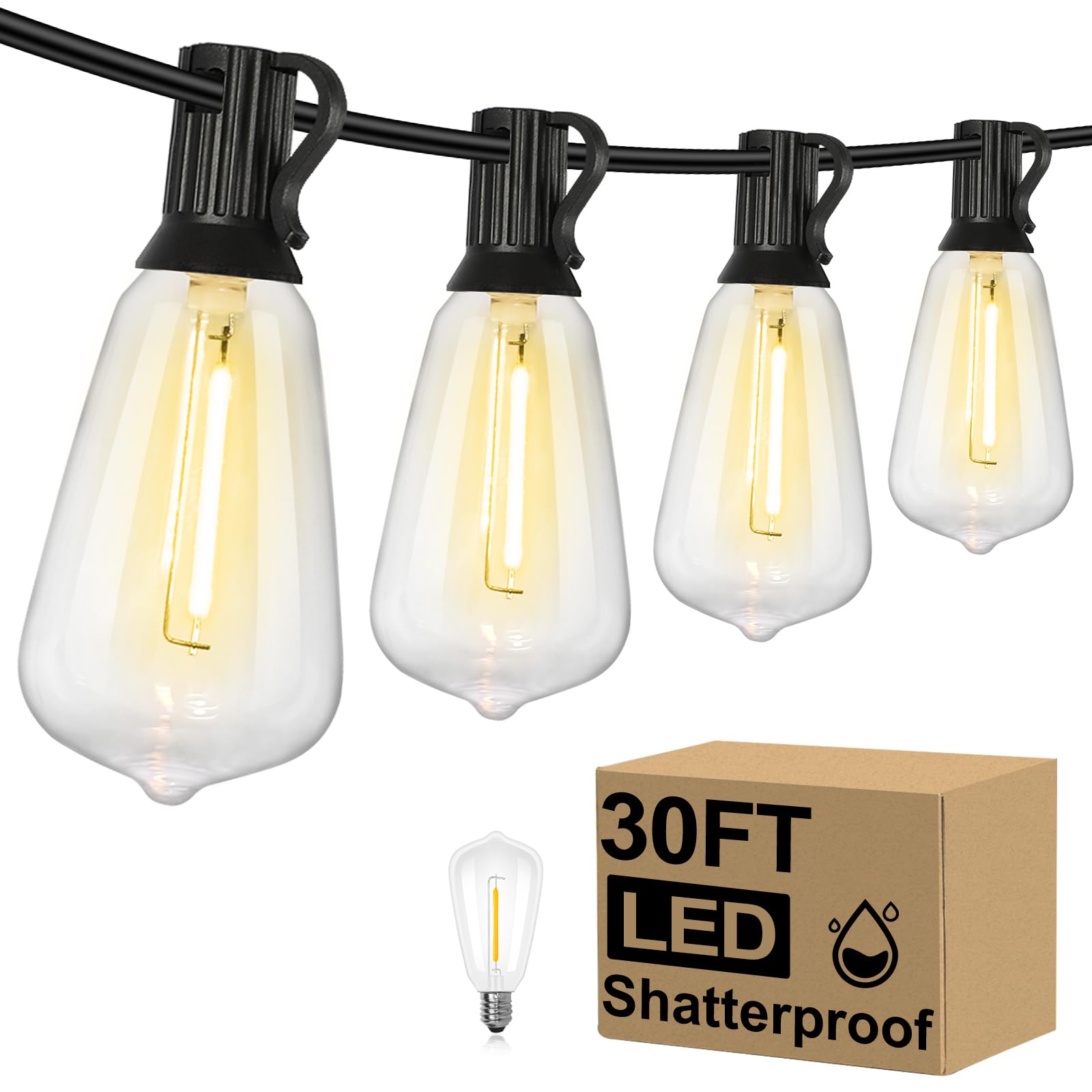 Brightever 30FT LED Outdoor String Lights with 16 Shatterproof Bulbs, Black Wire, Warm White, Model CMC-O151