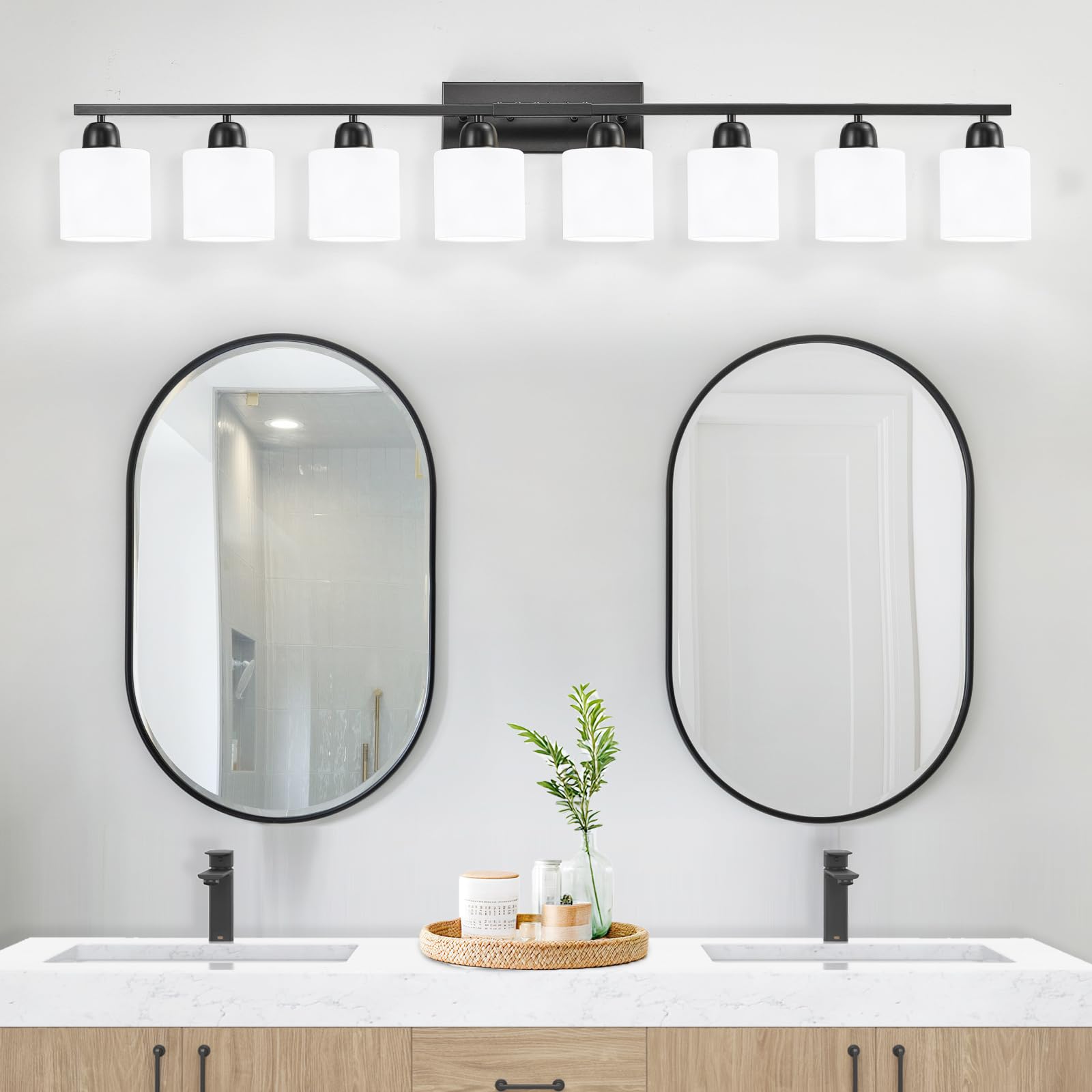 FAISHILAN 8-Light Black Bathroom Light Fixture, Modern Design with Frosted Glass Shades, 51 inch, E26 Base, Model FSL-212--NBH-8