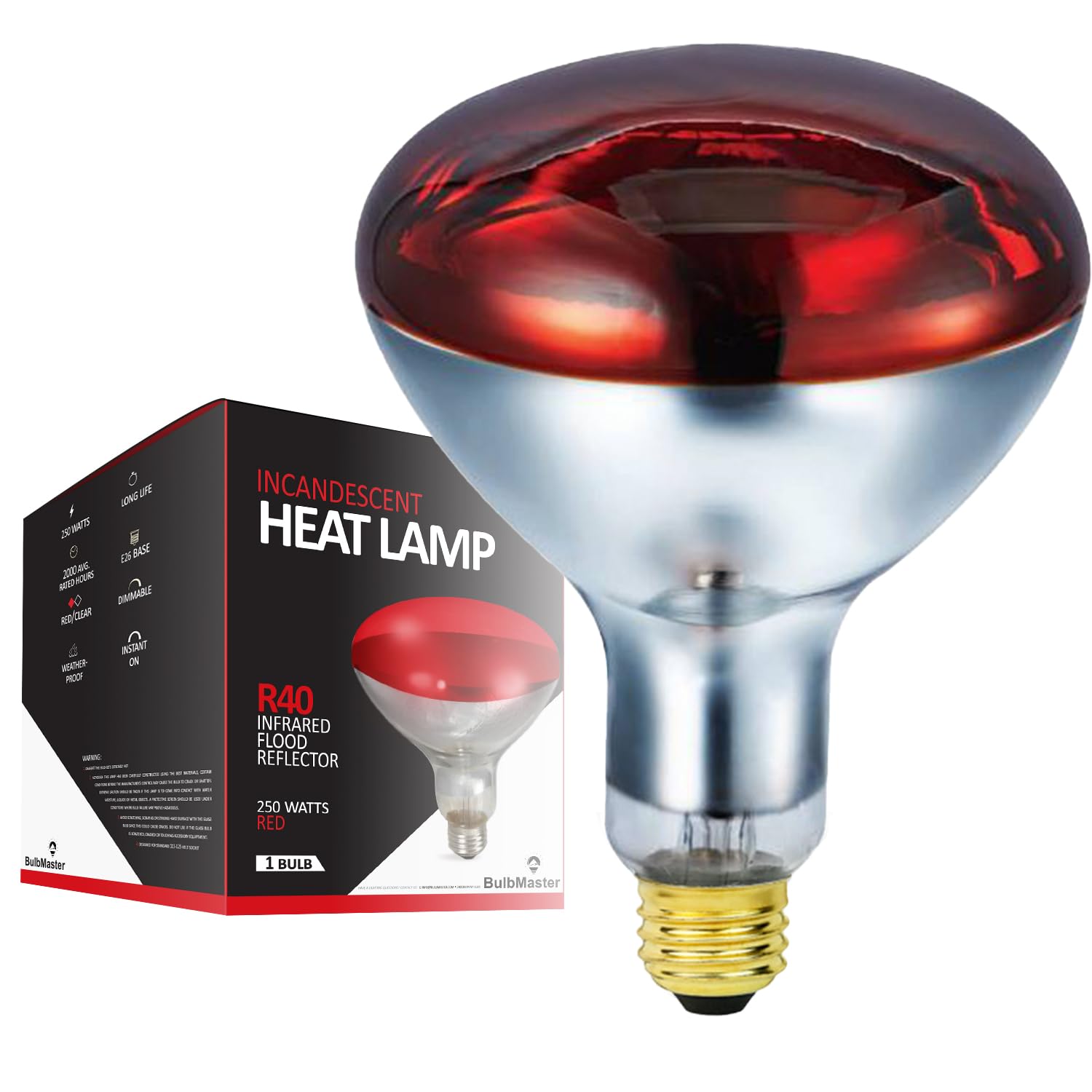 250 Watts R40 Red Heat lamp Light Bulbs Infrared Flood Reflector Incandescent Spotlight for Food Service, Brooder Bulb, Chicken, Pet, Bathroom, Light Therapy 250R40/HR Medium E26 Base 1 Pack