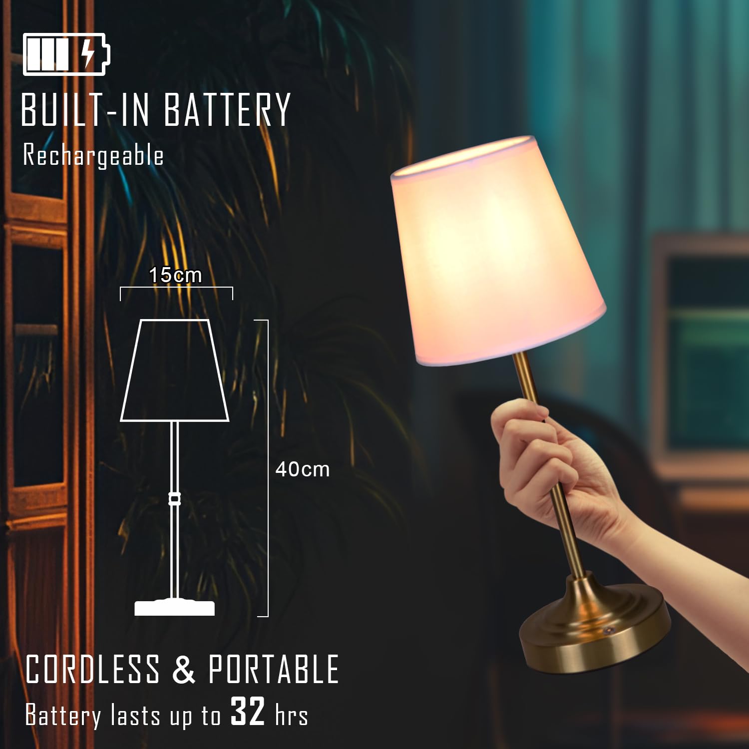 focondot Rechargeable LED Table Lamp - Wireless, Touch Control, Dimmable, Metal, Bronze, Model N3