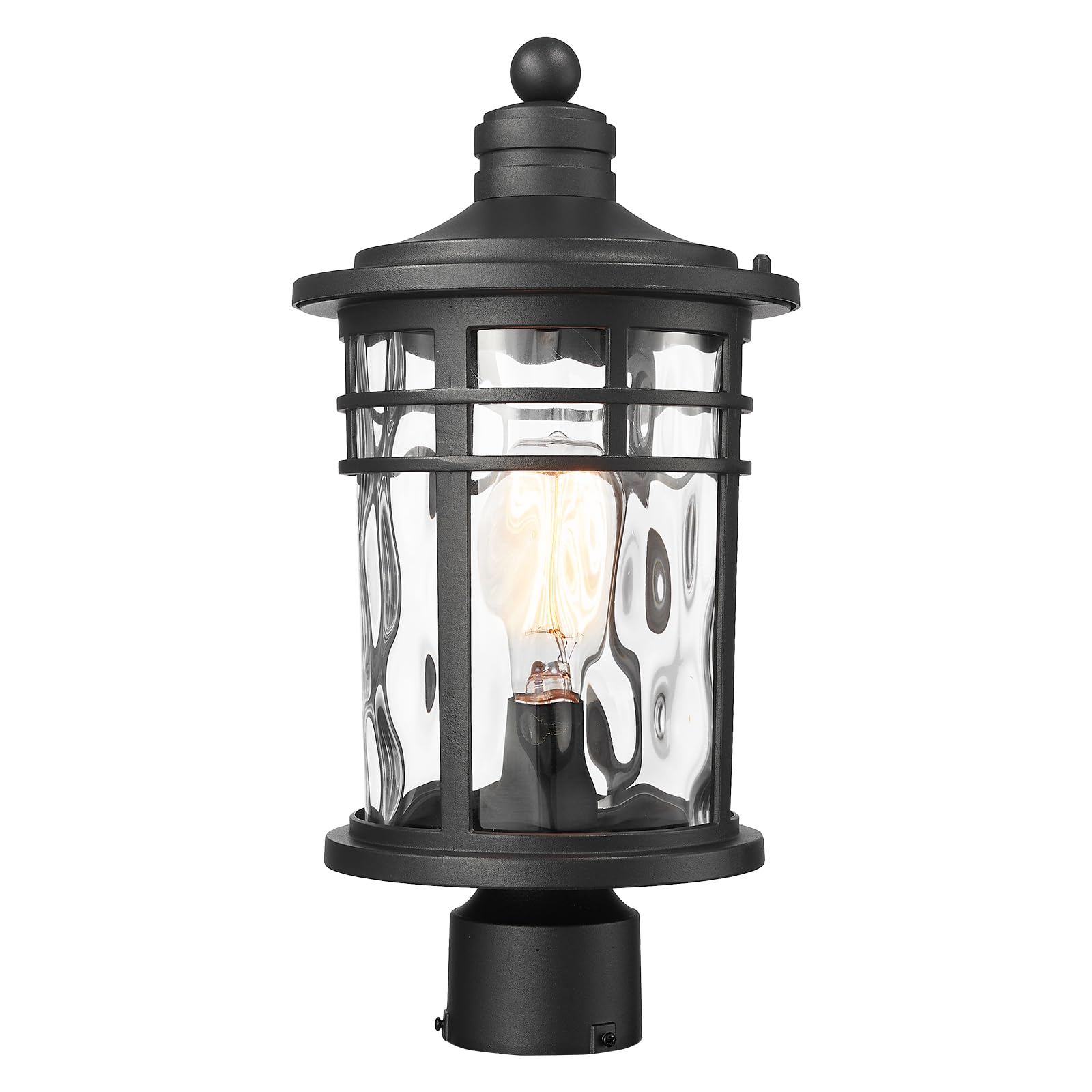 Darkaway Outdoor Post Lights, Large 17in Aluminum Lamp with Water Ripple Glass, Black, Model 6X20P-M BK+WG