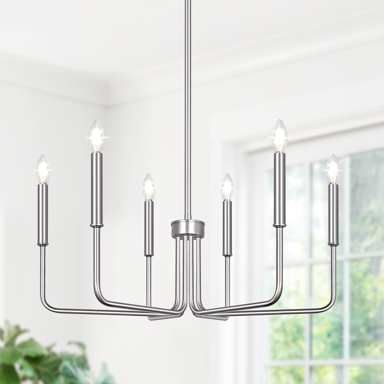 6-Light Farmhouse Chandelier for Dining Room Lighting Fixtures Hanging, Brushed Nickel Dining Light Fixtures Industrial Chandeli