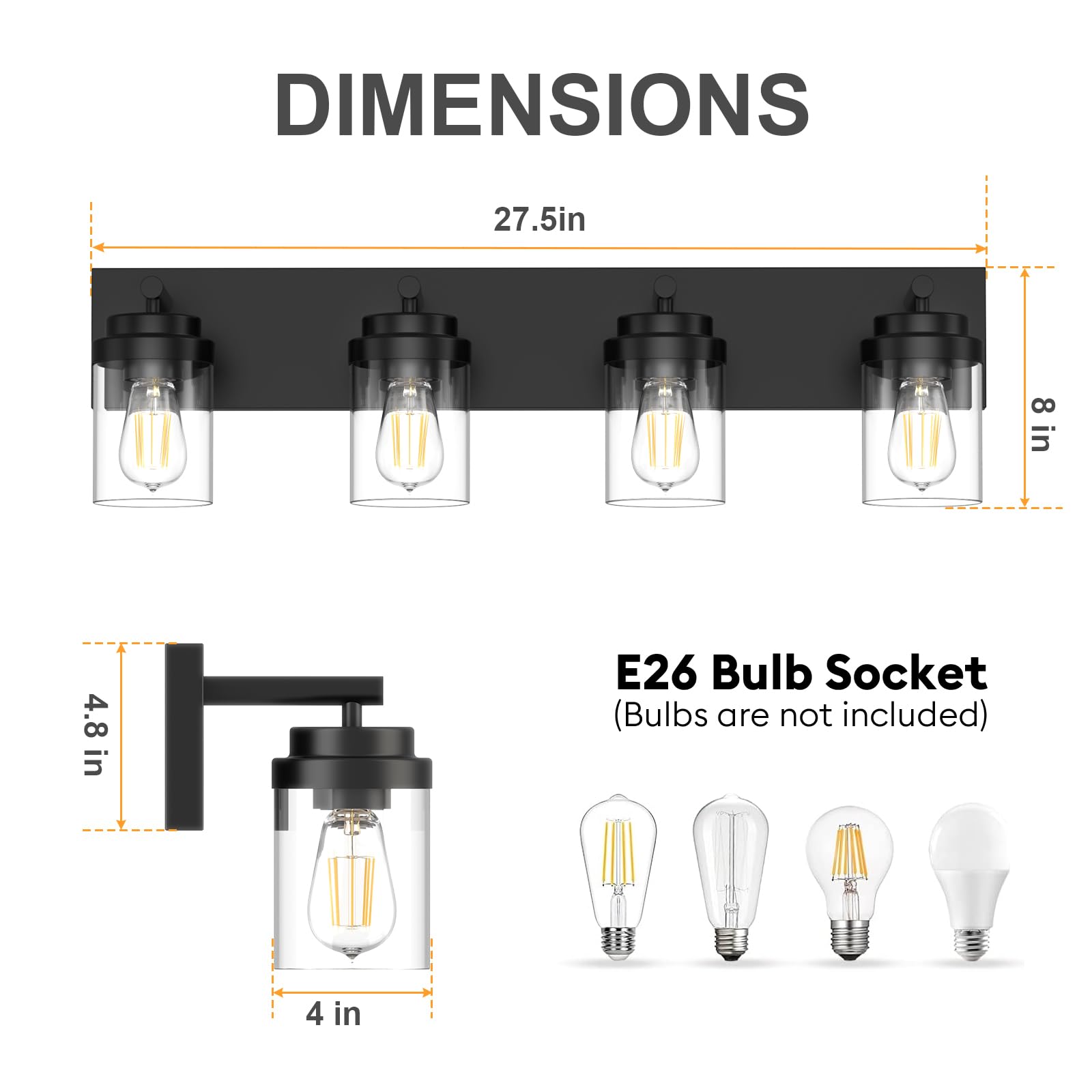 Izorro Bathroom Vanity Light Fixture  4-Light 27.5 Inch Matte Black Bathroom Light Fixtures Over Mirror  With Clear Glass Shade  Modern Farmhouse Vanity Lights  Rustic Restroom Lighting Fixtures