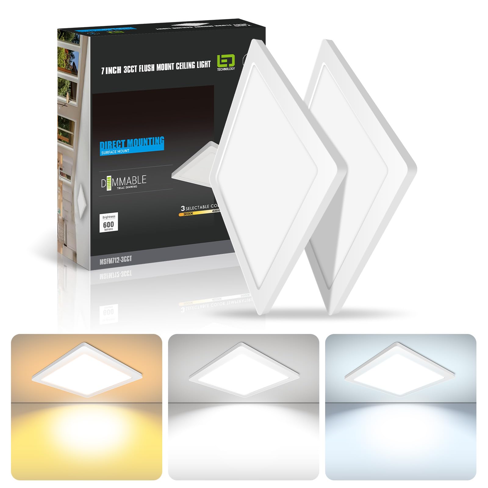 Mw 2 Pack 7 Inch Square Led Flush Mount Ceiling Light, Slim Led Ceiling Lights, Dimmable 12W, 120V, 3000K/4000K/5000K Adjustable