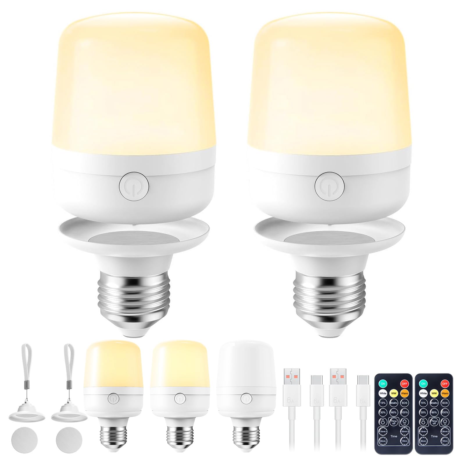 Brightown E26 Rechargeable Light Bulb with Remote & Timer, Dimmable 3 Color Temperatures & 9 RGB, Battery Backup, 2 Pack