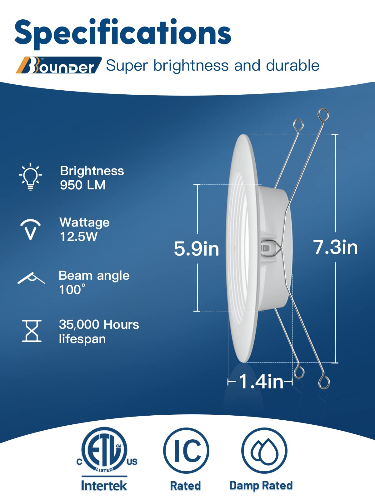 Bbounder 12 Pack 5/6 Inch Led Retrofit Recessed Lighting, Selectable 5Cct, Baffle Trim Can Lights, Dimmable, 12.5W=100W, 950 Lm, 2700K/3000K/4000K/5000K/6000K Adjustable, Dimmable Recessed Lighting