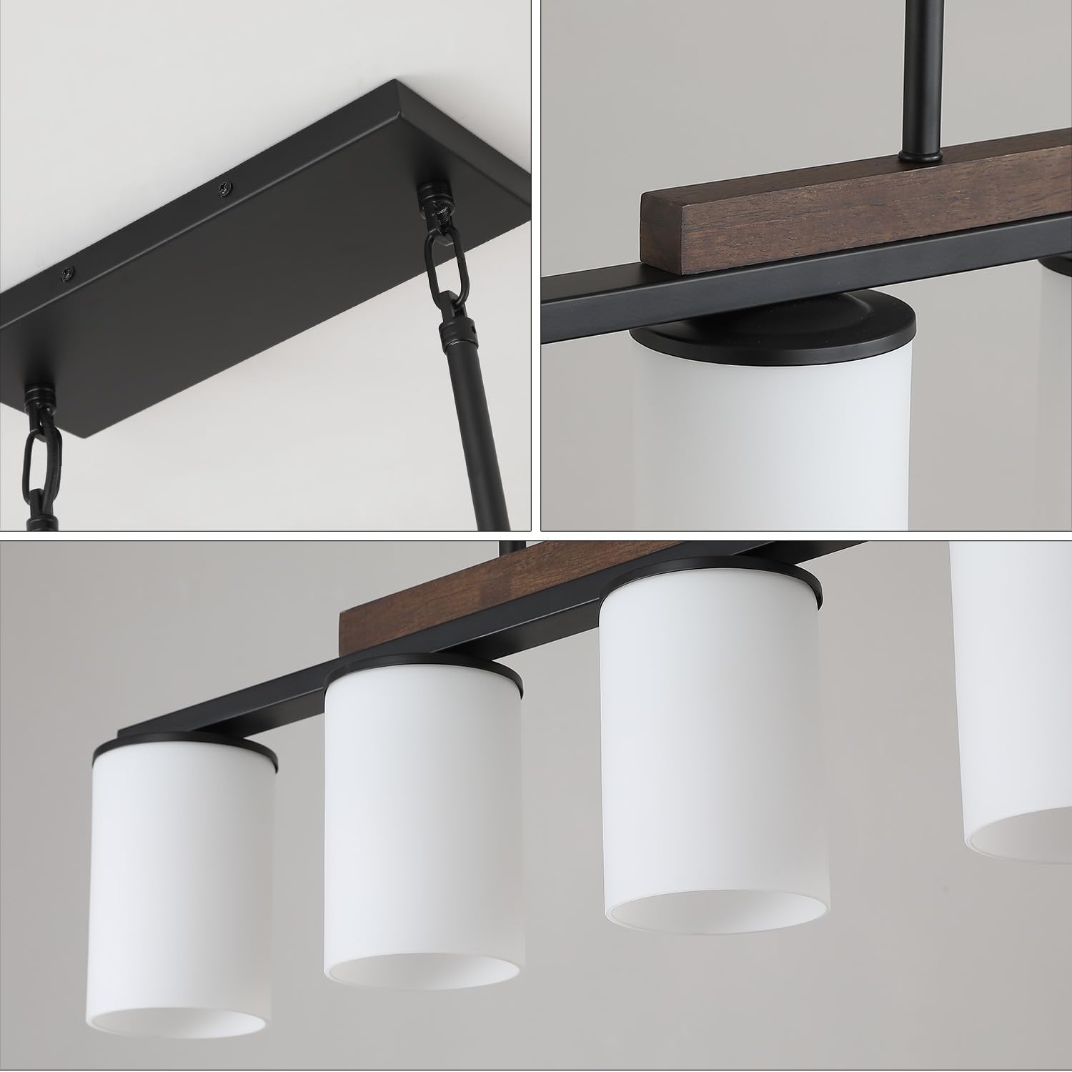 Mecgirn Black Pendant Light Fixtures, 5 Light Linear Chandelier with Milk Glass Shade for Dining Room and Kitchen Island, Model D0016-5-M