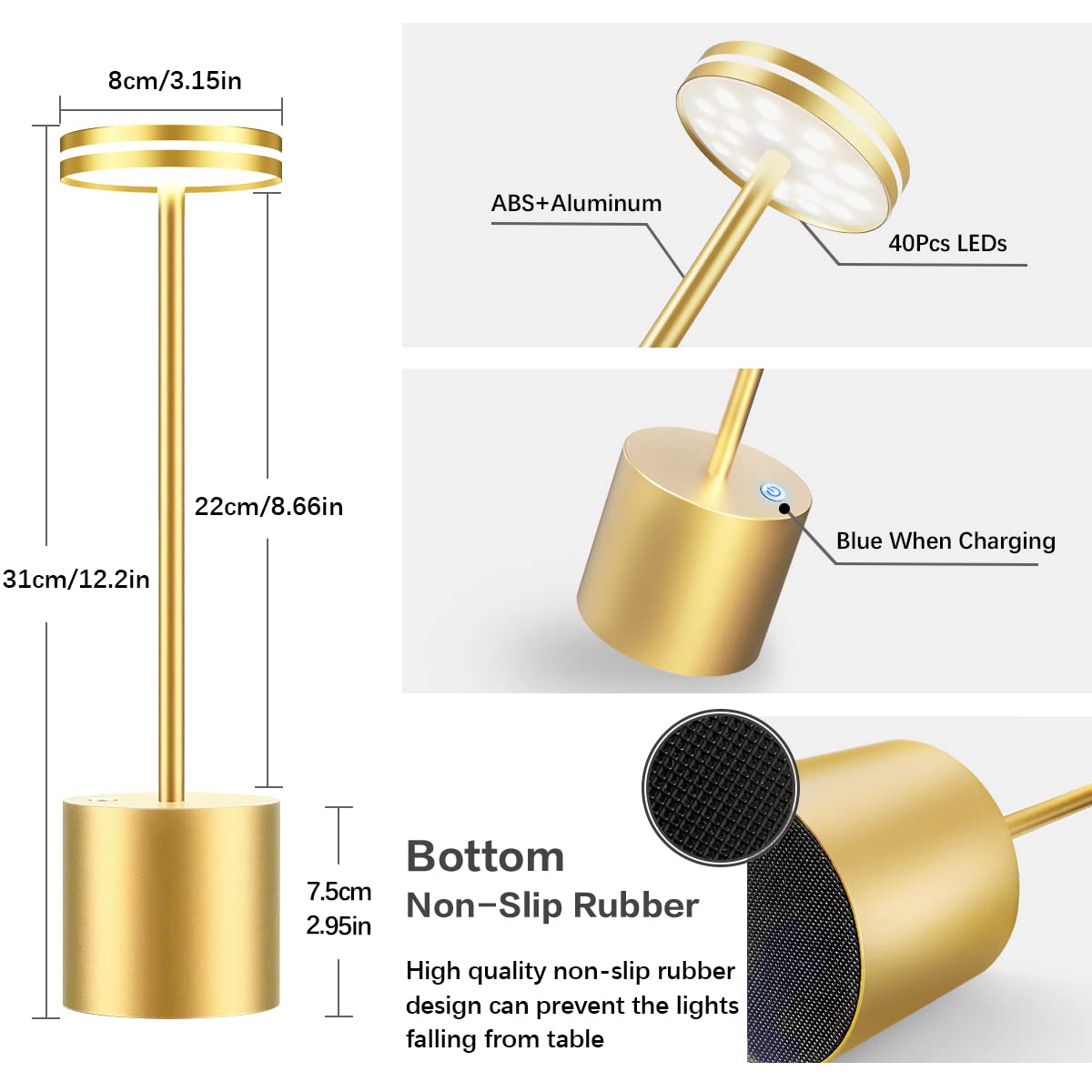 Bravzurg Cordless Table Lamp, 5000Mah, Dimmable, Metal, Wireless Led Light, Gold, Model S804