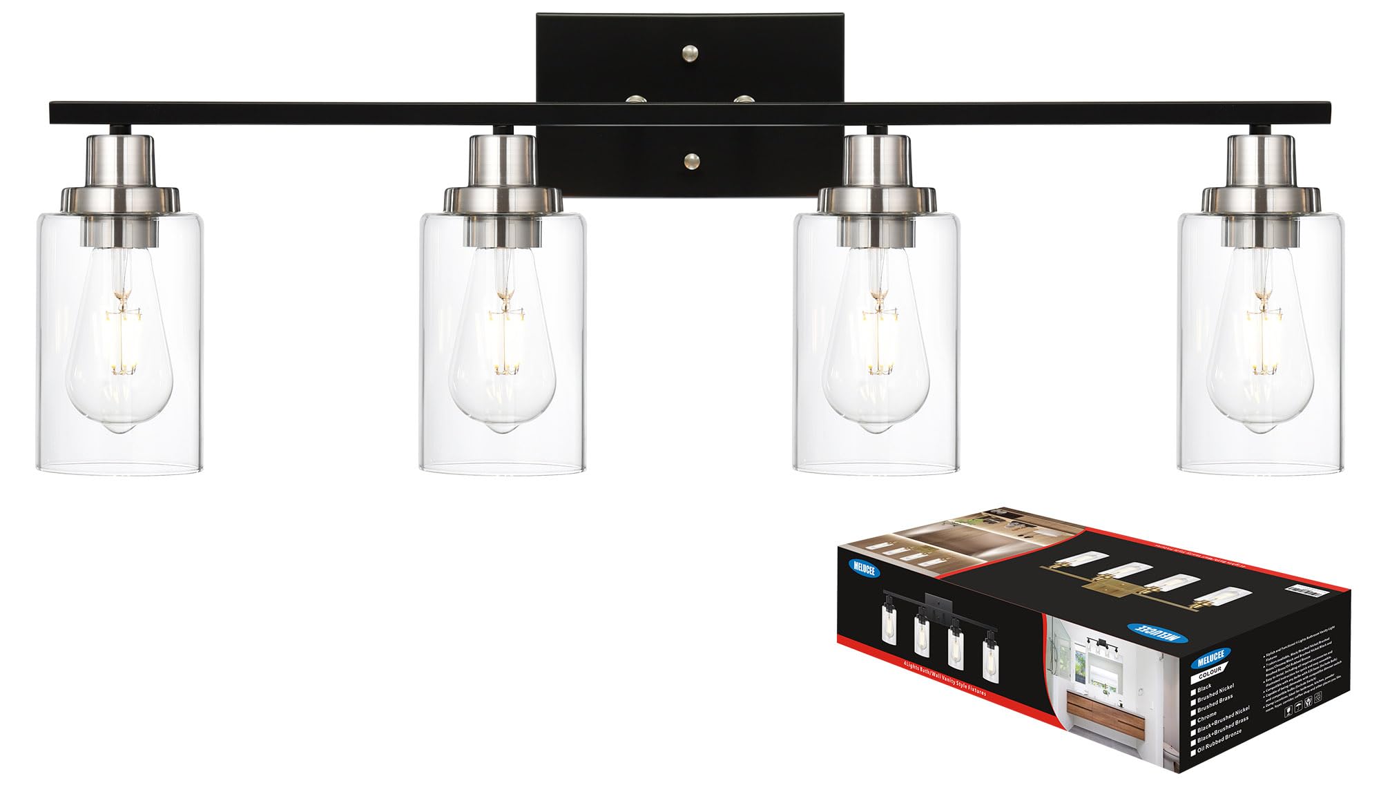 MELUCEE 4-Light Vanity Lights, Metal with Clear Glass Shade, Black and Brushed Nickel, Wall Mount for Bathroom and Bedroom
