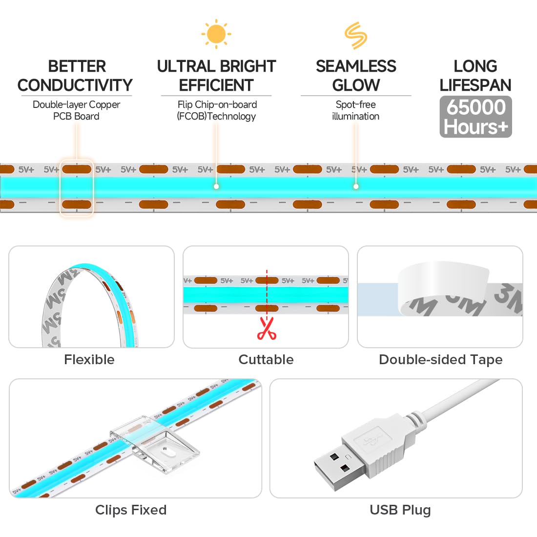 BTF-LIGHTING USB Powered Ice Blue COB LED Strip Lights 3.28FT, 320 LEDs, Flexible, High CRI, Ideal for 3D Printer & TV Backlight