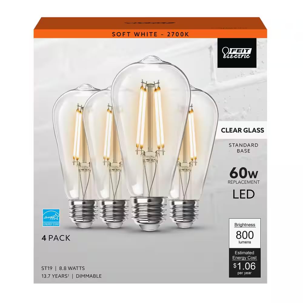 Feit Electric 60-Watt Equivalent St19 Dimmable Straight Filament Clear Glass E26 Vintage Edison Led Light Bulb, Soft White, 2700