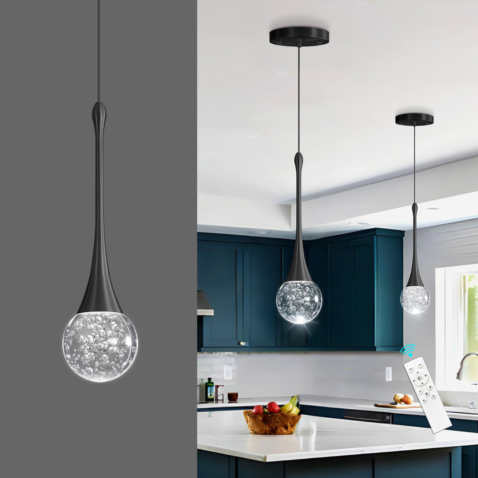 cenozo Modern Pendant Light - LED Dimmable Crystal Ceiling Lamp, 1 Light Round, Black, Model RS2037-1H for Kitchen, Dining, Bedroom