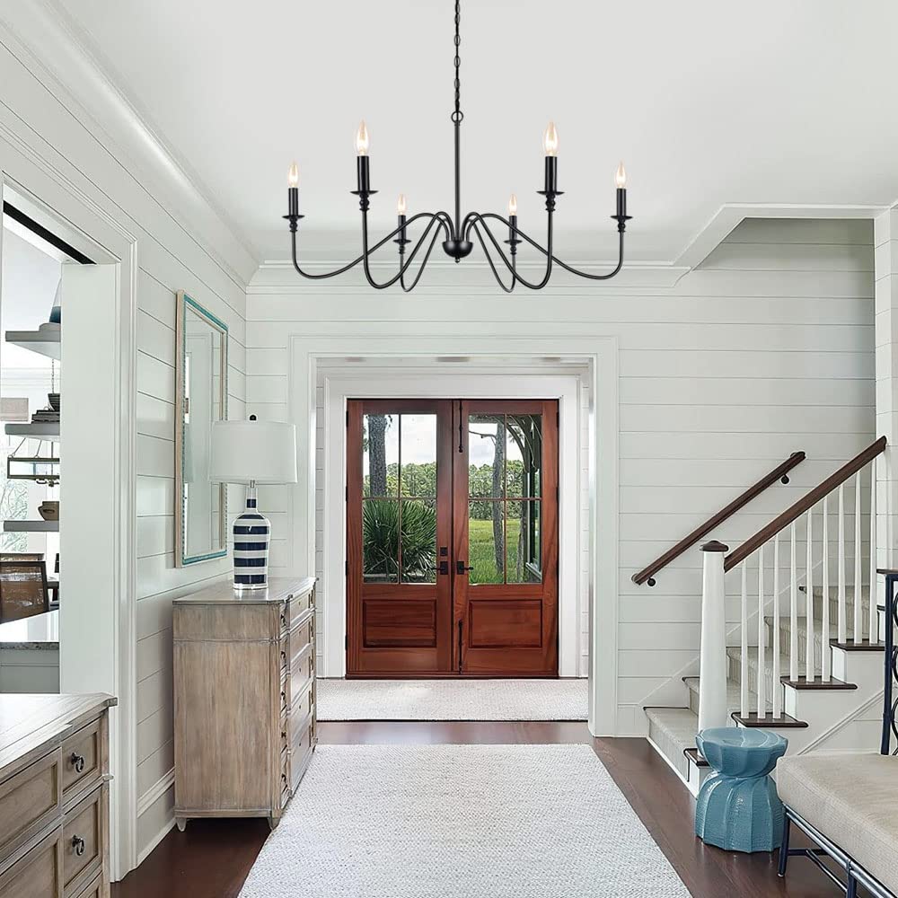 Lampundit Black 6-Light Iron Chandelier - Farmhouse Candle Ceiling Pendant For Dining Room, Kitchen