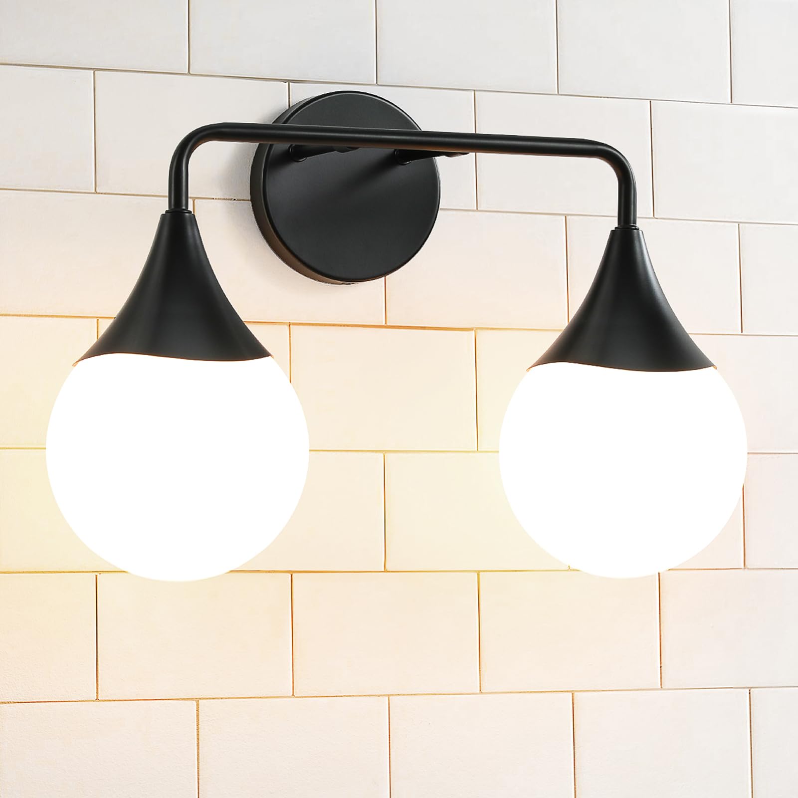 HAHZT Bathroom Vanity Light Fixtures, 2 Light, Matte Black, Metal, Model 8089ML, Frosted Globe Glass for Hallway Restroom