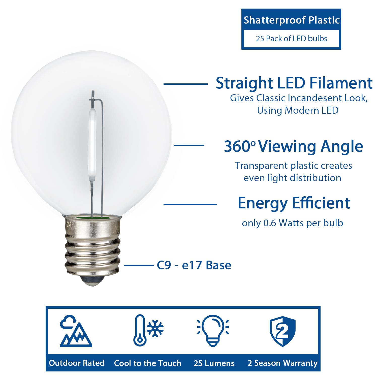 Novelty Lights 25 Pack G50 Led Light Bulbs, E17 C9 Intermediate Screw Base Shatterproof Outdoor String Lights Clear Globe Bulbs,