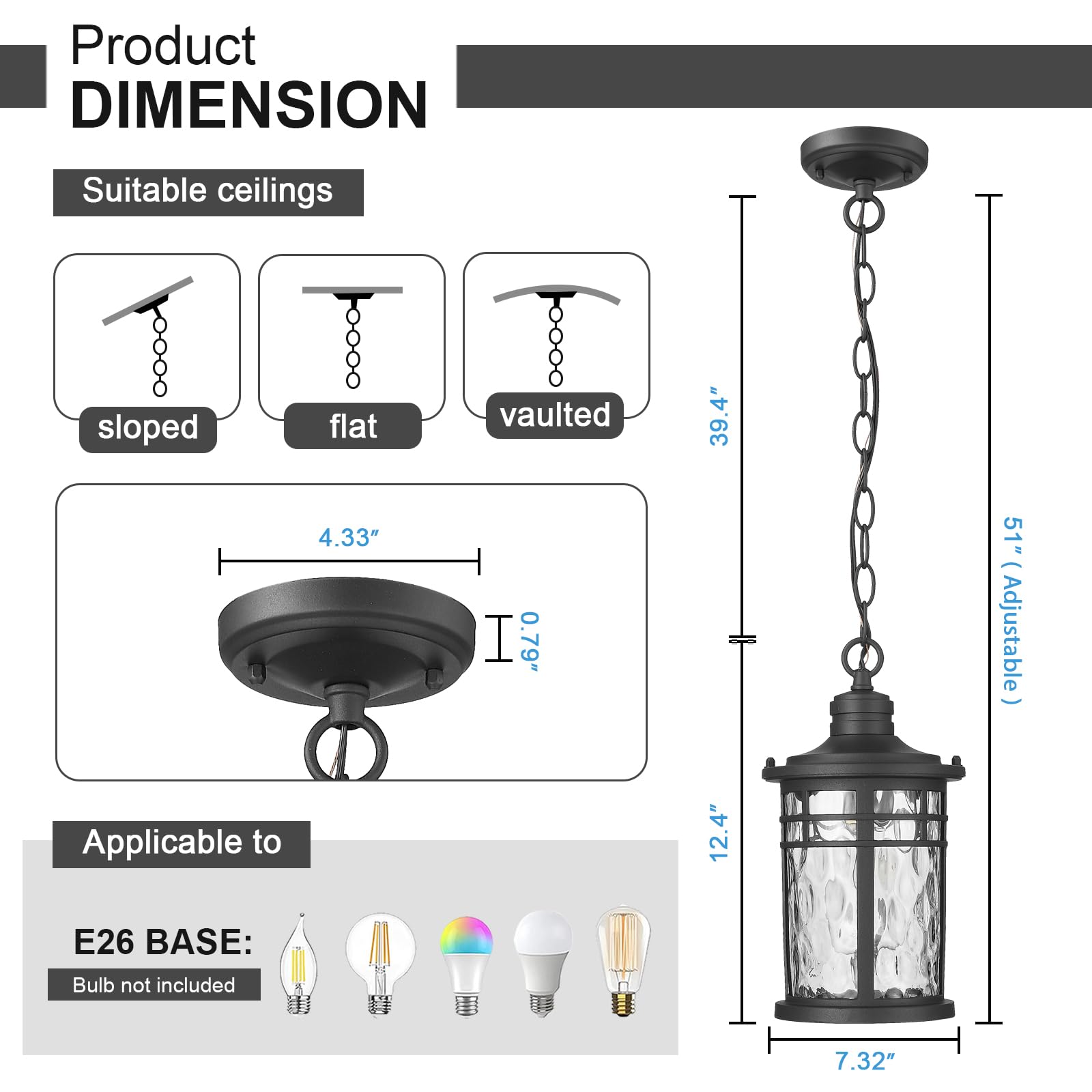 Darkaway Outdoor Pendant Lights - Black Aluminum Chandelier with Water Ripple Glass, Medium Size for Porch & Patio, Model 6X20H