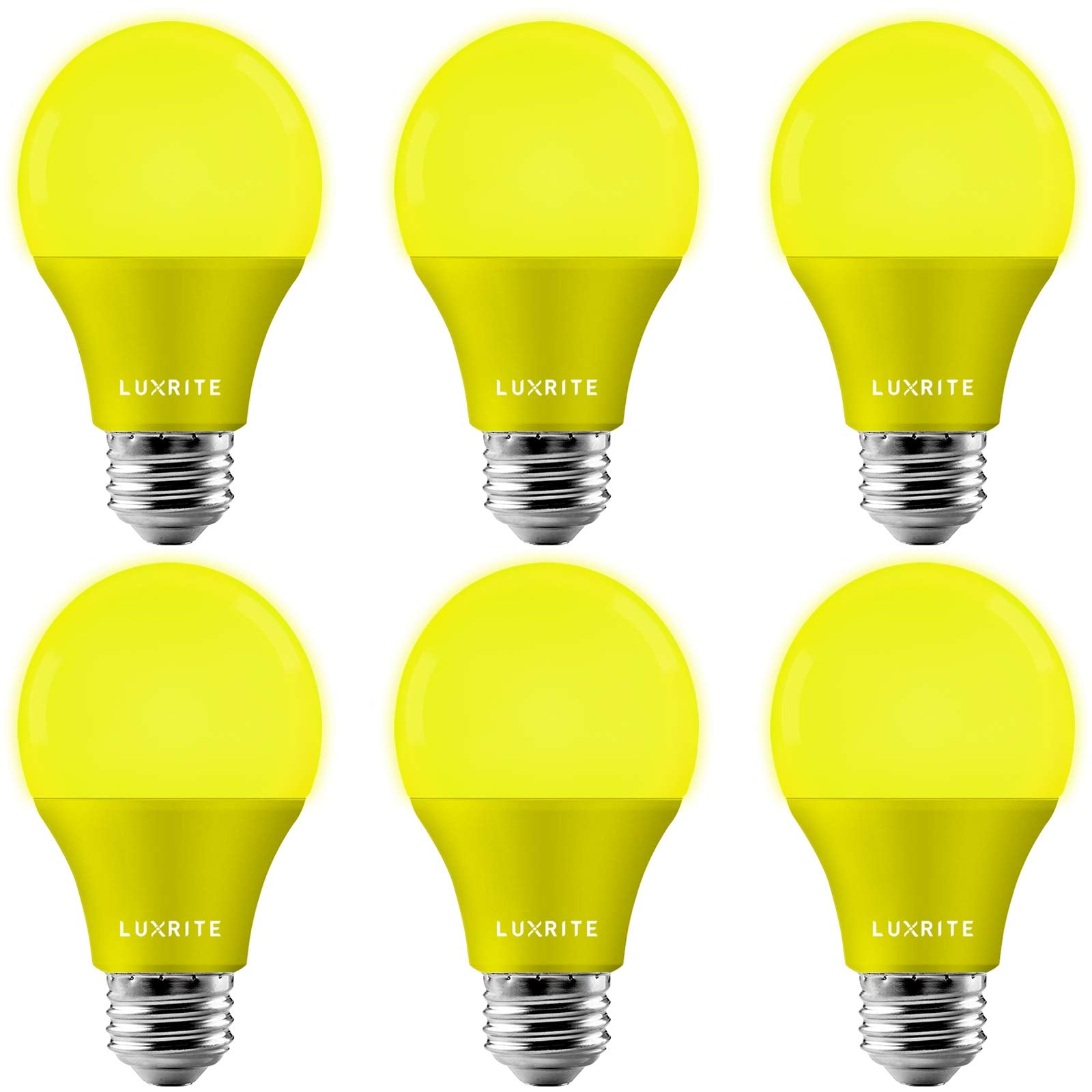 LUXRITE A19 Yellow LED Bug Light Bulbs, 60W Equivalent, Non-Dimmable, E26 Base, 6 Pack