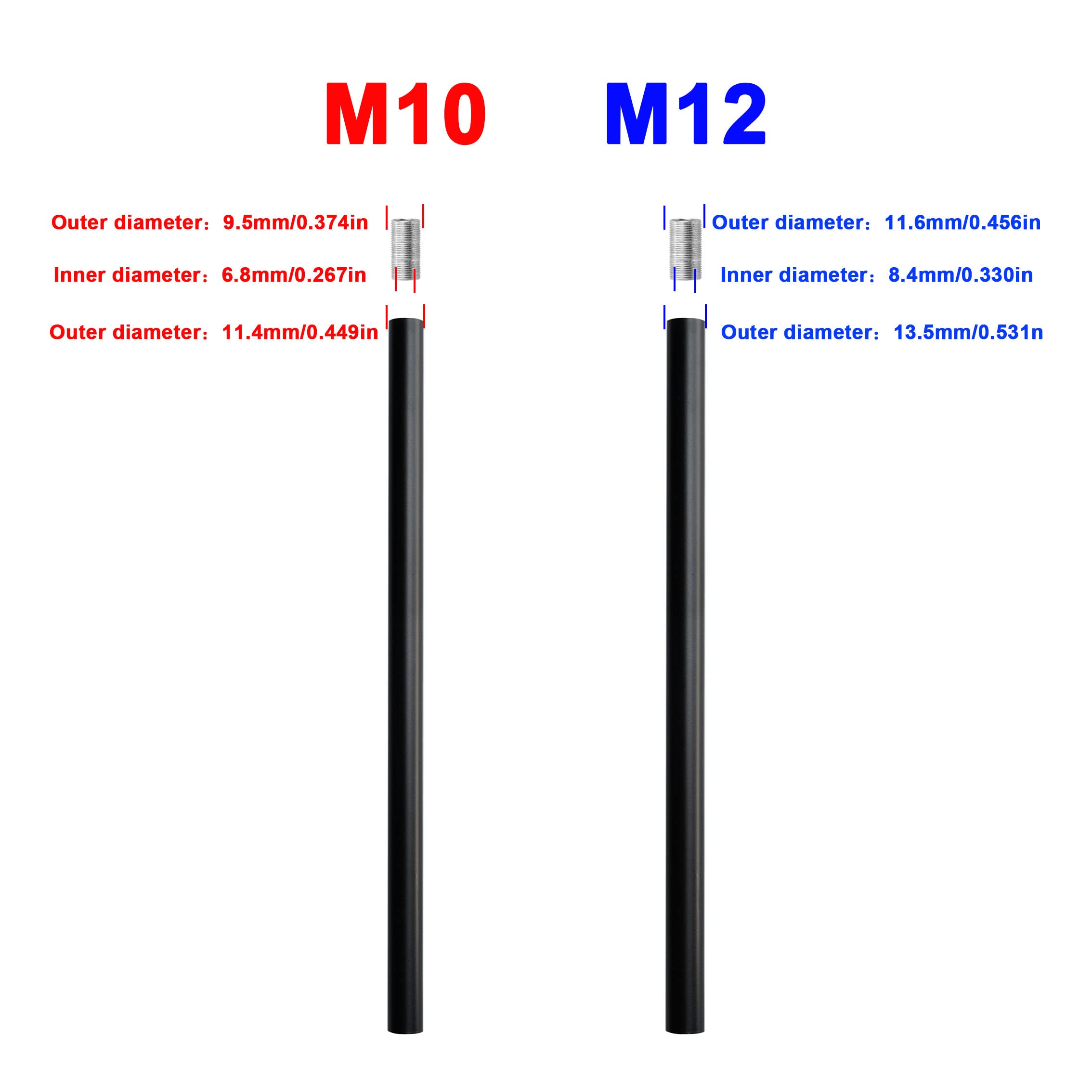 Haligate Matte Black M12 Threaded Extension Rod For Pendant Light, Island Lighting, Chandeliers,Lighting Fixture Downrods & Stems,12 Inches