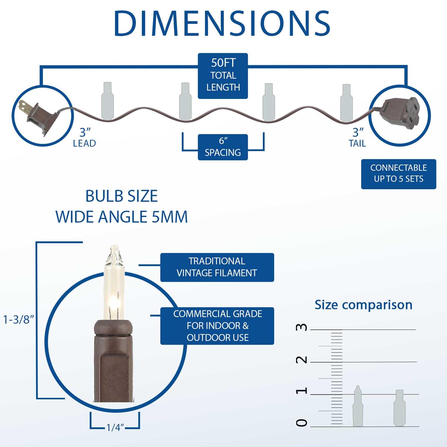 Novelty Lights 50 Feet 100 Bulbs Traditional Incandescent Mini Lights, Clear On Brown Wire With 6 Spacing, Commercial Grade And