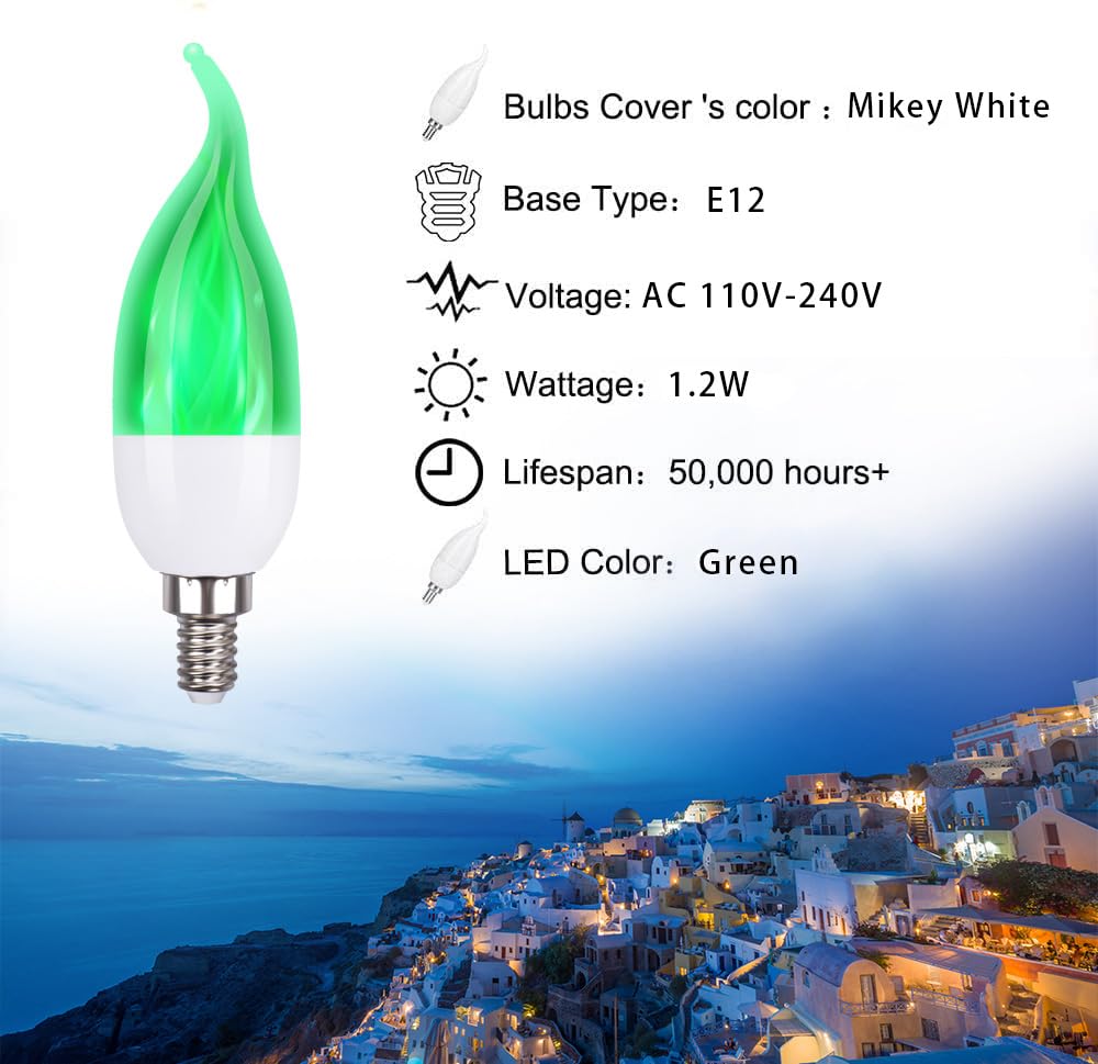 OHLGT E12 Flame Bulbs, 2.0 Watt LED Candelabra, Green, 6 Pack, Flame Tip for Christmas Party Decorations