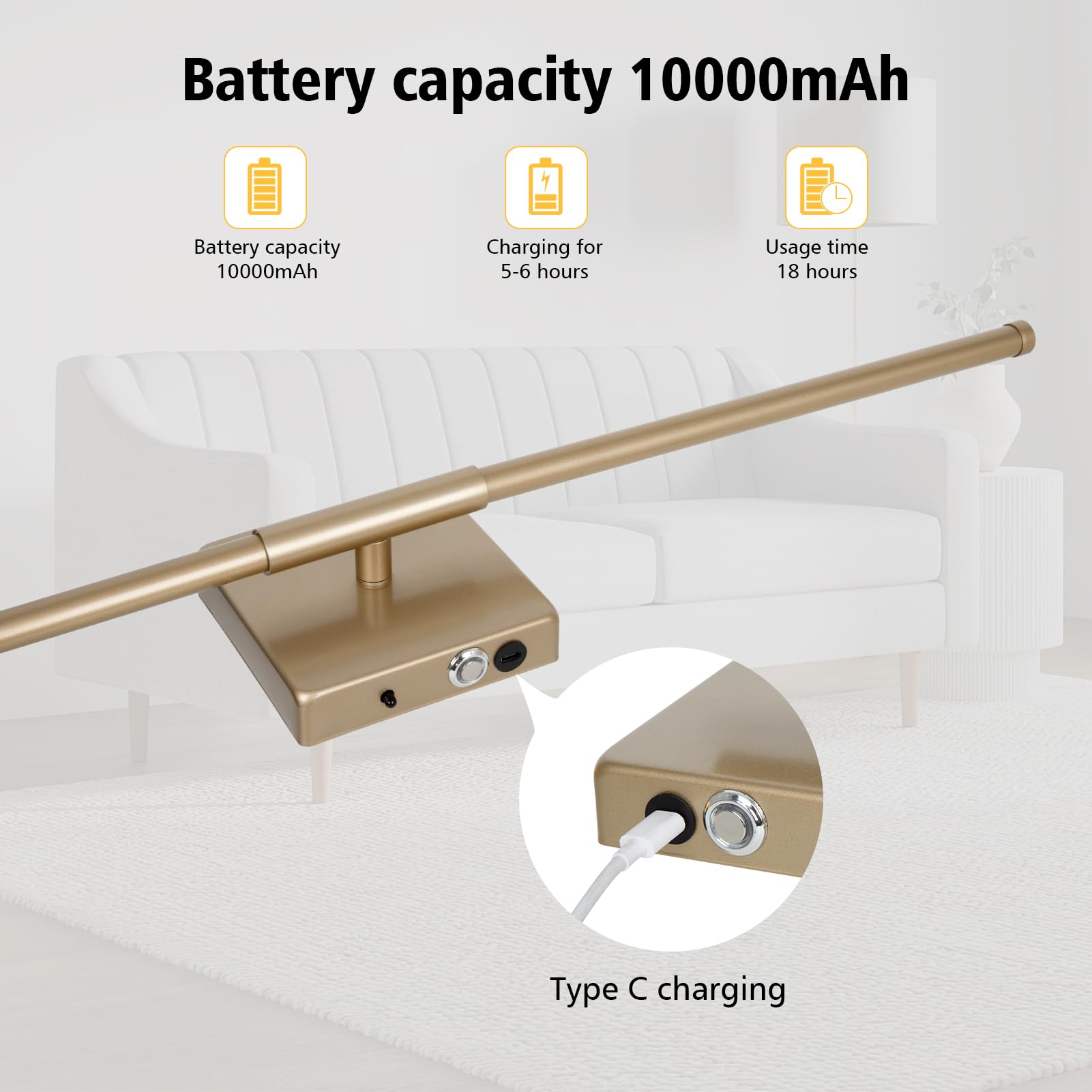 Danhh Wall Sconce, Dimmable 3000K-6000K, Rechargeable, 350° Rotate, 1 Pack, Metal, Gold, Model HCP042