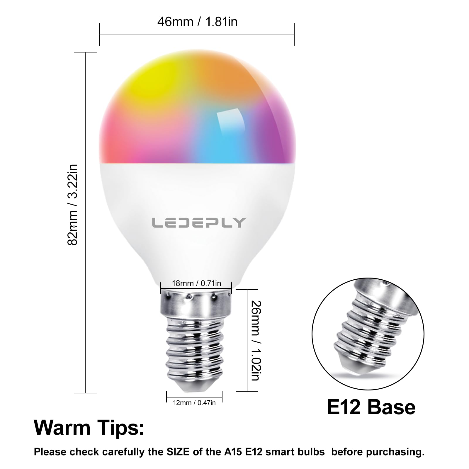 LEDEPLY A15 LED Smart Bulb 5W RGB Color Changing Dimmable Globe Light 4 Pack E12 Base 2700K-6500K Multi-colored