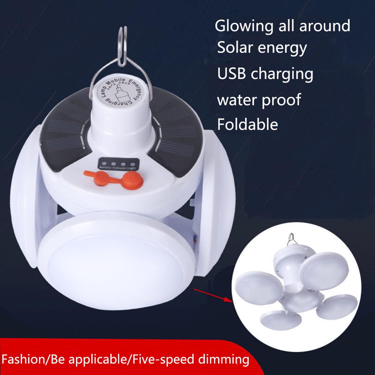 XLSBZ Rechargeable Camping Lantern - 1200 Lumens, IPX7 Waterproof, 1800mAh Battery, Solar/USB Charging, 5 Light Modes, White, Model LED-G