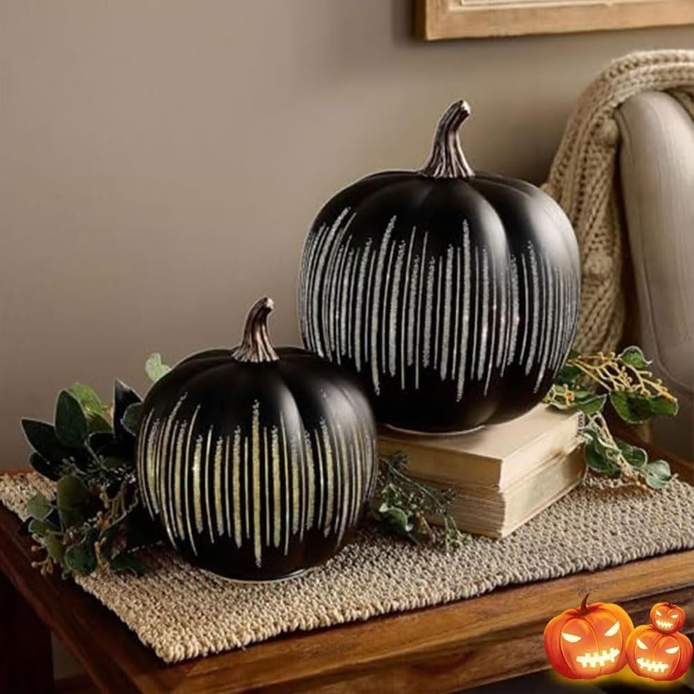 Starry Night Glass Pumpkins, Cherishous Twinkle LED Light Pumpkins, Halloween Pumpkin Night Light, Set of 2 with Built-In Timer,