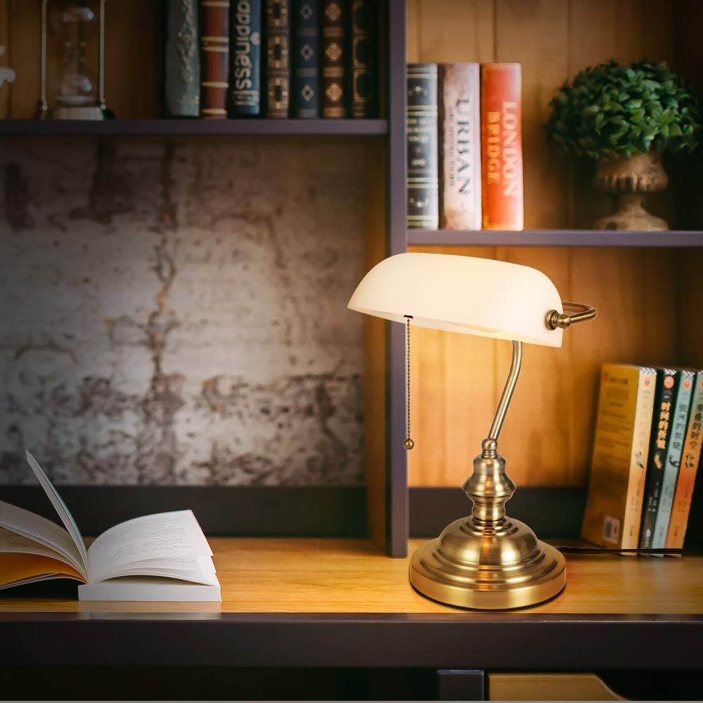 Newrays Glass Bankers Desk Lamp, Satin Brass Finish, Classic Size, White, Model YY-T9007W