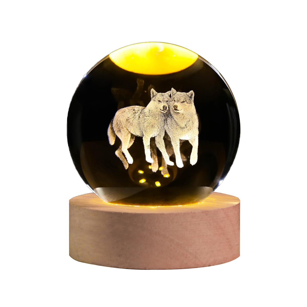 QIANCHANG 3D Wolf Crystal Ball Night Light with LED Stand,Crystal Wolf Figurine Lamp,Wolf Decor Glass Animal Sphere Globe Paperw