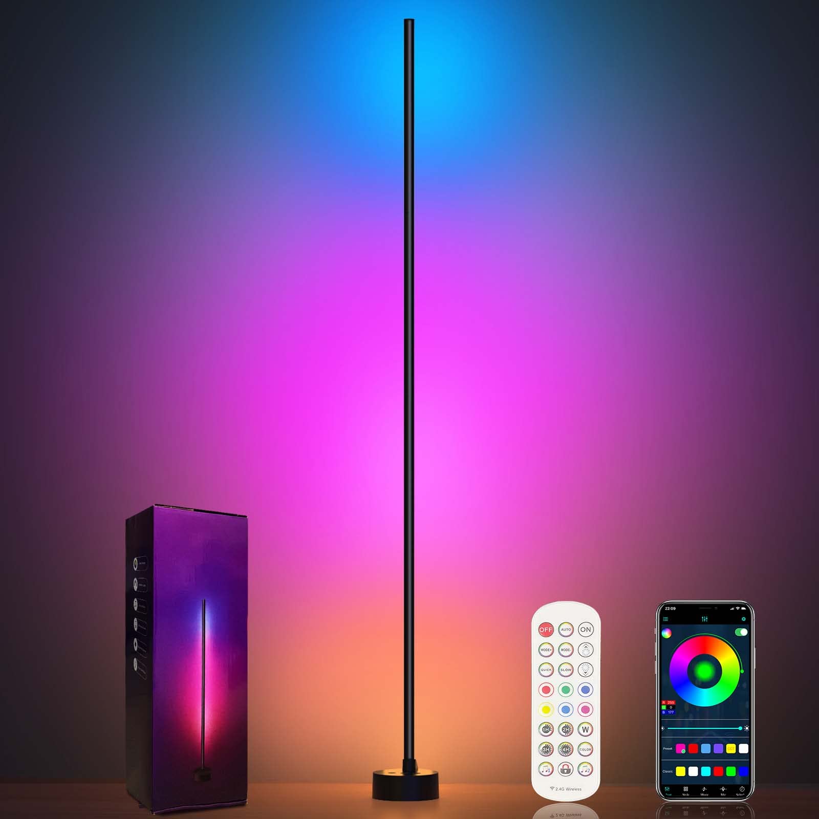 Miortior Smart RGB LED Corner Floor Lamp, App & Remote Control, 68+ Scenes, Aluminum, Model LZ-1201000A, 1 Pack