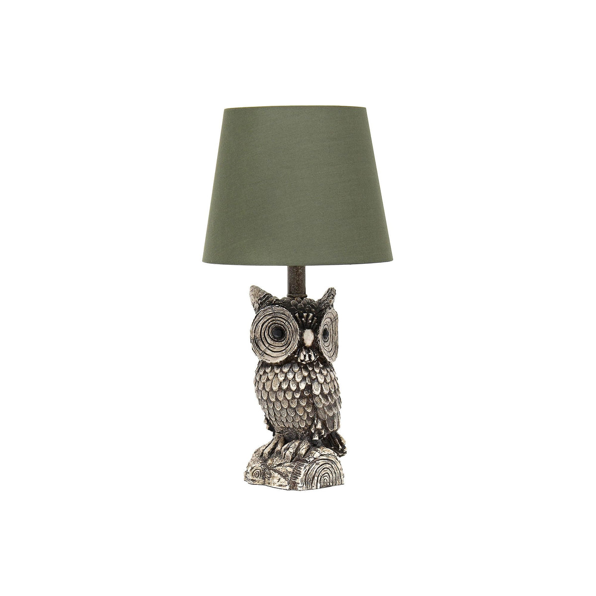 Simple Designs Lt2098-Grn Woodland 19.85&quot; Tall Contemporary Polyresin Gazing Brown & White Night Owl Bedside Table Desk Lamp W Green Tapered Drum Shade For Decor,Bedroom,Kids' Room,Nursery,Livingroom