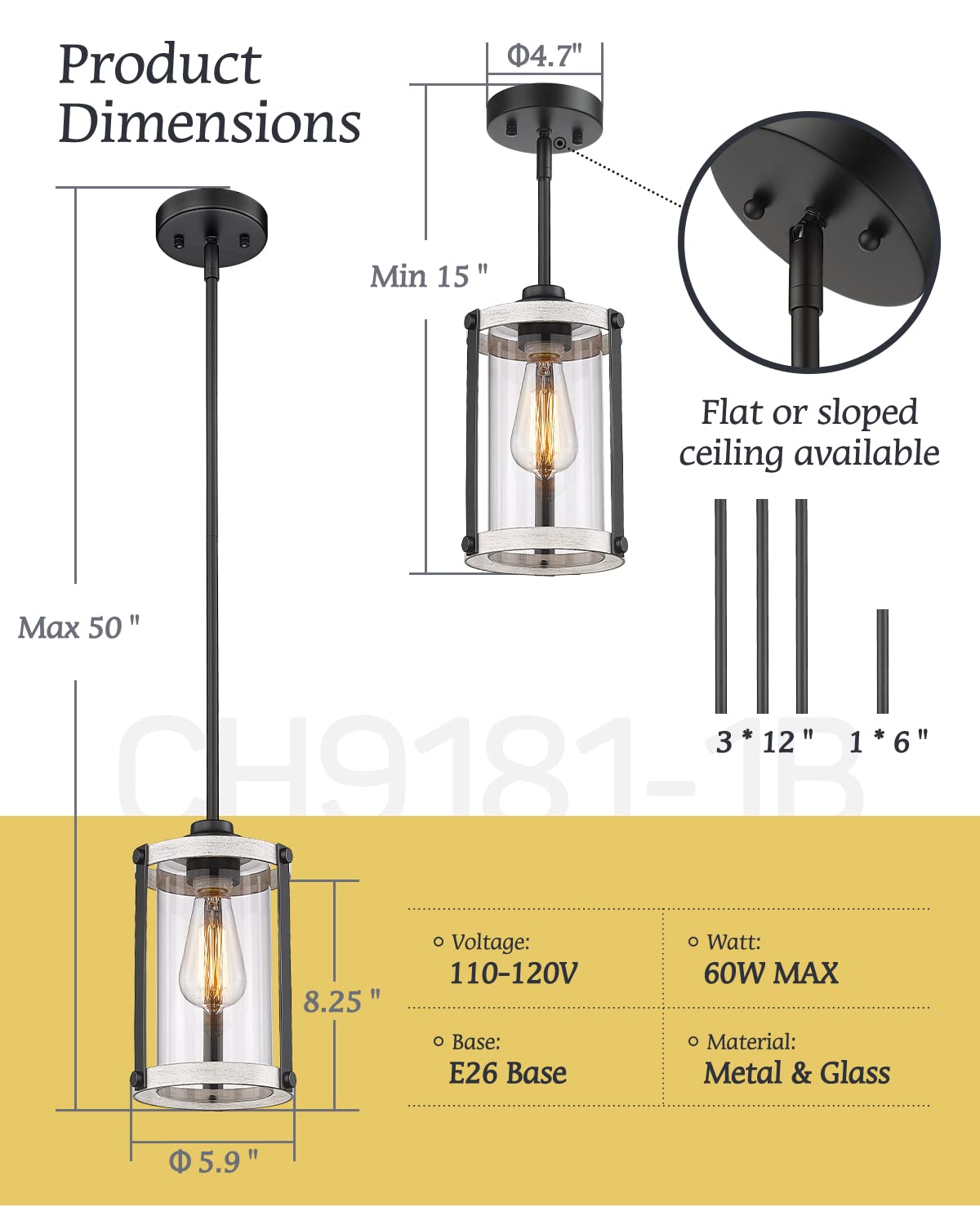 Osimir Farmhouse Pendant Light Fixtures, 1-Light Rustic Oak White Pendant Light Fixtures, Mini Glass Hanging Lighting With Rod F