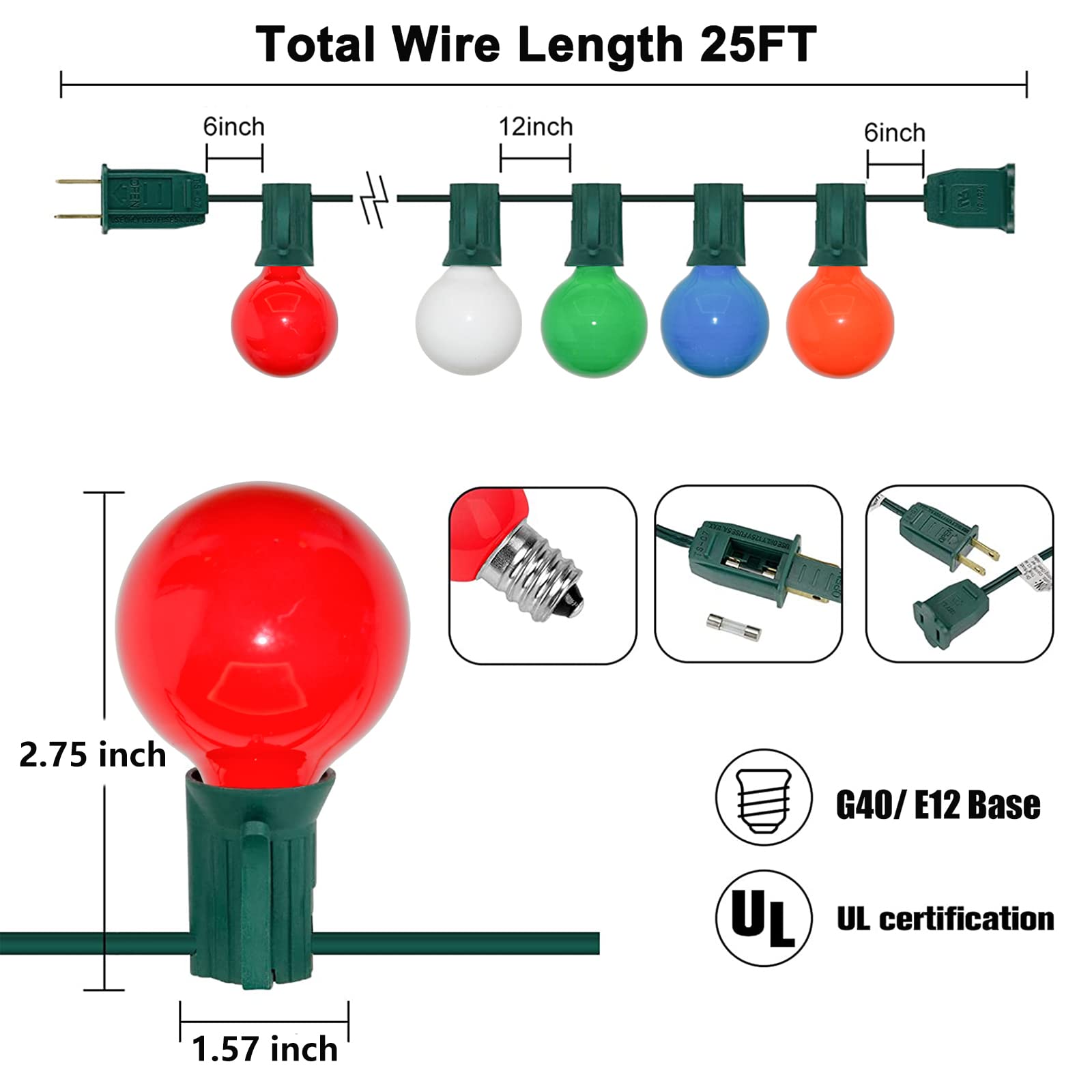 SUNSGNE Outdoor Multicolor Christmas Lights, 25 Ft G40 Globe String Lights with 27 Ceramic Bulbs, Holiday Decoration