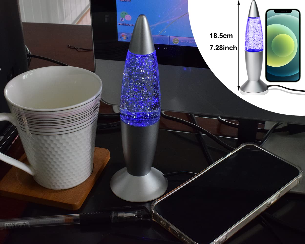 Cdycam Glitter Lava Lamp LED Mini Night Light, 7.28in  Silver Glass with USB Charging Plug, Color Changing for Kids and mature-themeds