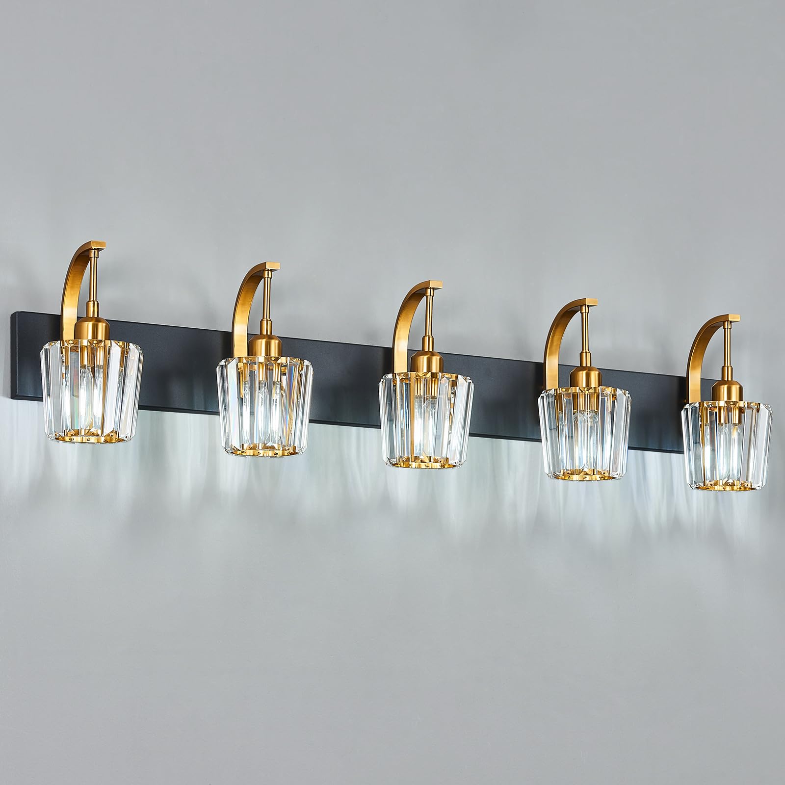 Fdpby Modern Bathroom Vanity Light  5-Light Black Gold Wall Sconce With Crystal Accents  Over Mirror Bathroom Lighting Fixture  42.52 Long Dimmable Vanity Lamp For Makeup  Easy Installation