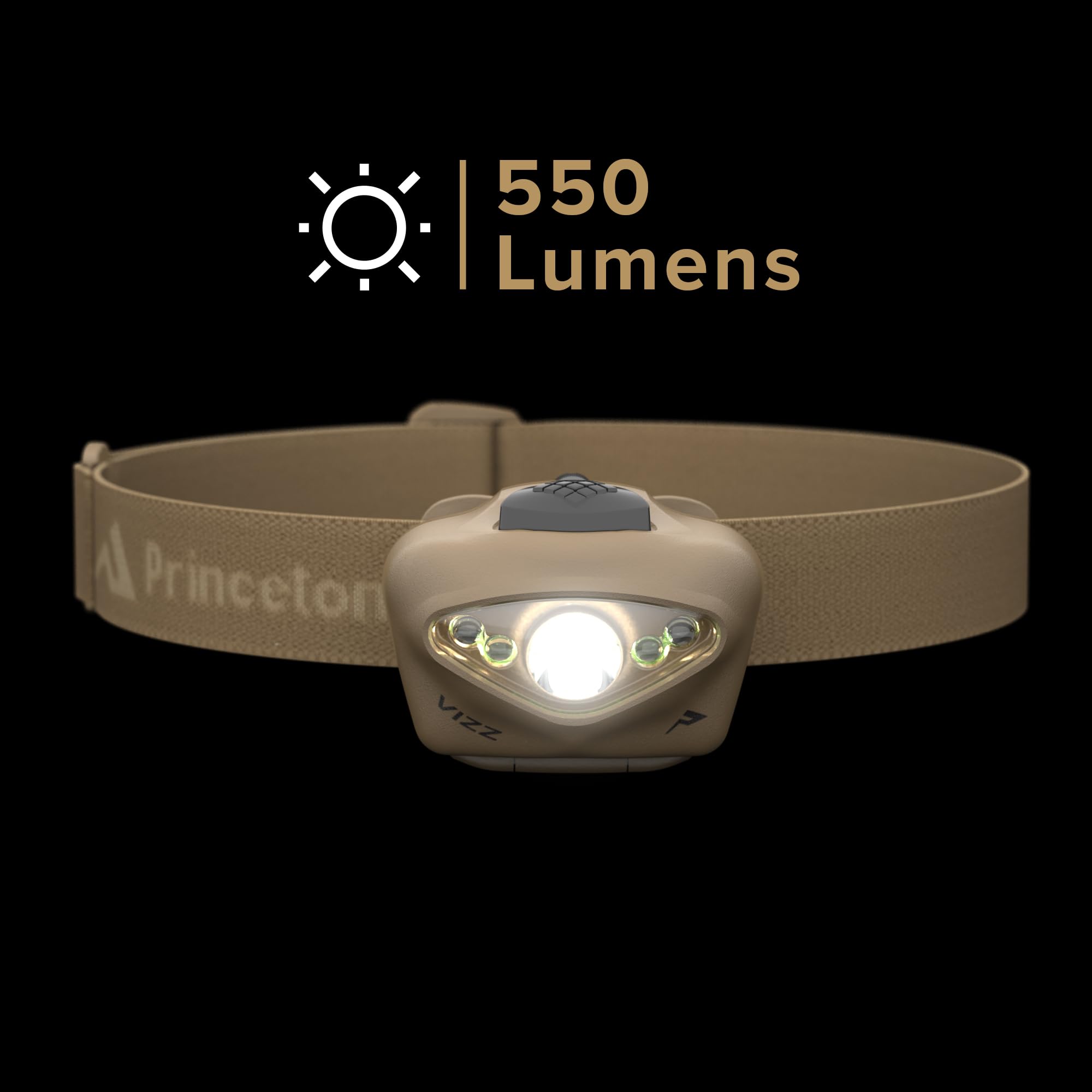 Princeton Tec Vizz Headlamp 550 Lumen Dimmable LED, IPX7 Water Resistant, One Size, Tan, Model VIZZ-TAC-TN