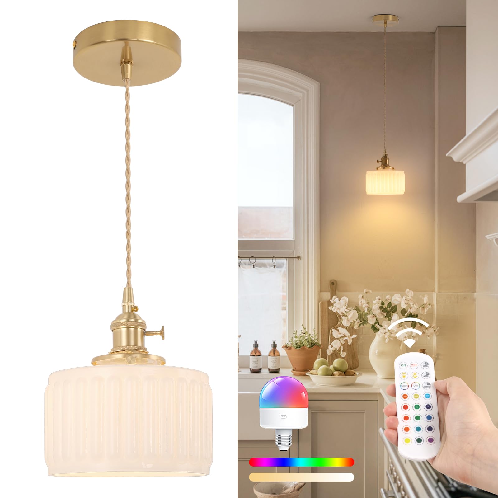 Shenmoyl Battery Operated Pendant Light 5000mAh Rechargeable Chandelier with Remote Control Wireless Adjustable Hanging White Banded Light for Kitchen Island Dining Room Hallway