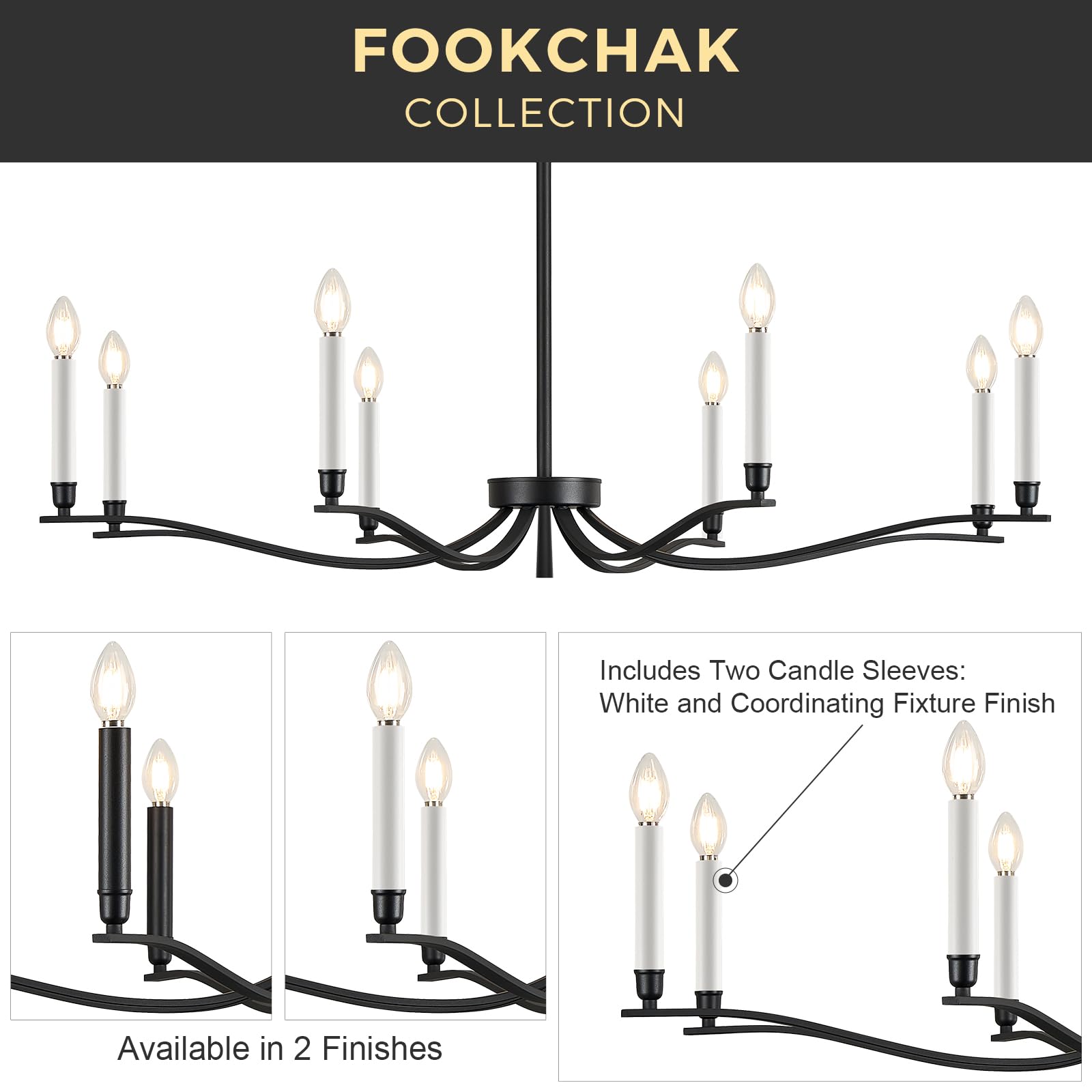 FookChak 8-Light Black Metal Chandelier, Modern Dining Room Fixture, 44in for Living Room, Entry, and Kitchen