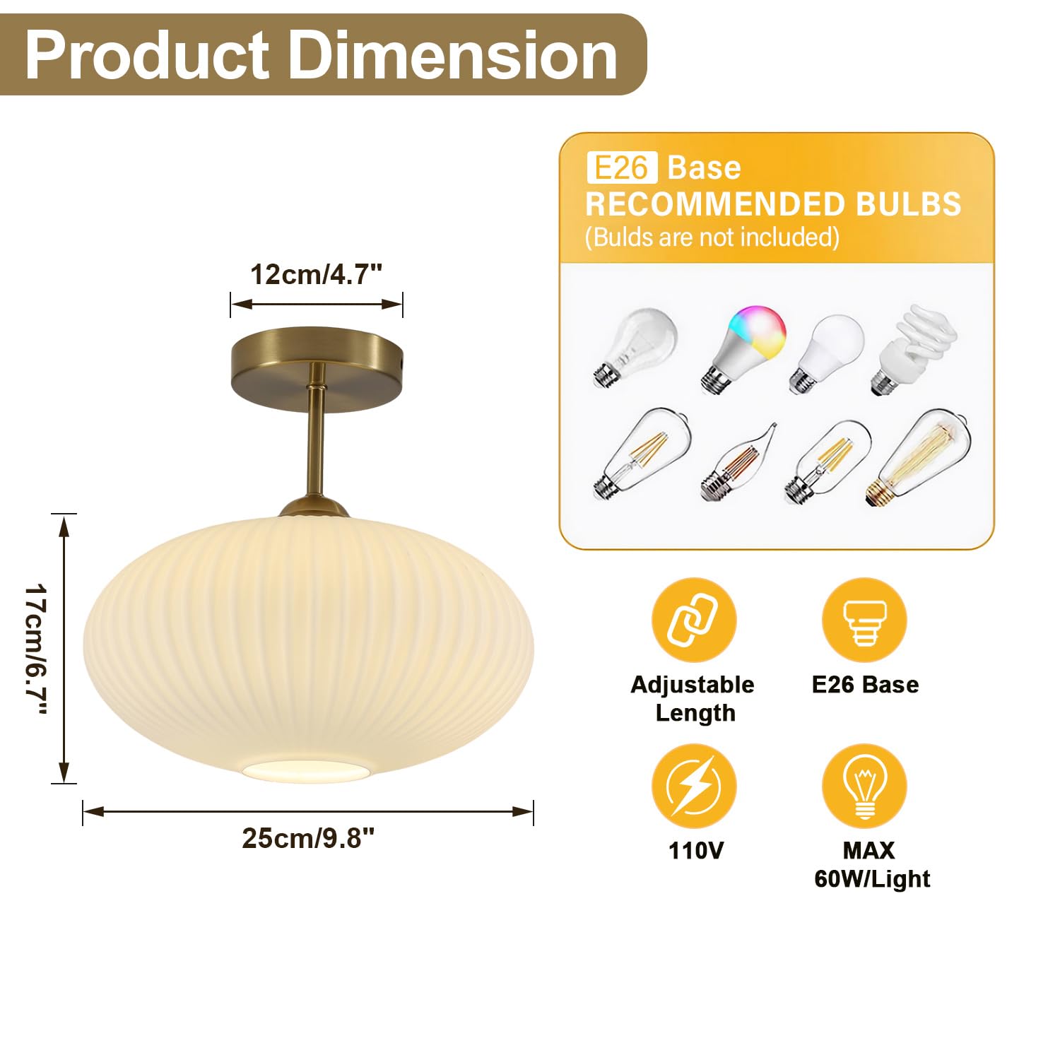 Flyrose Modern Gold Semi Flush Mount Ceiling Light Large Ribbed Glass Semi Flush Mount Ceiling Light White Ceiling Light Brass Ceiling Light Fixtures