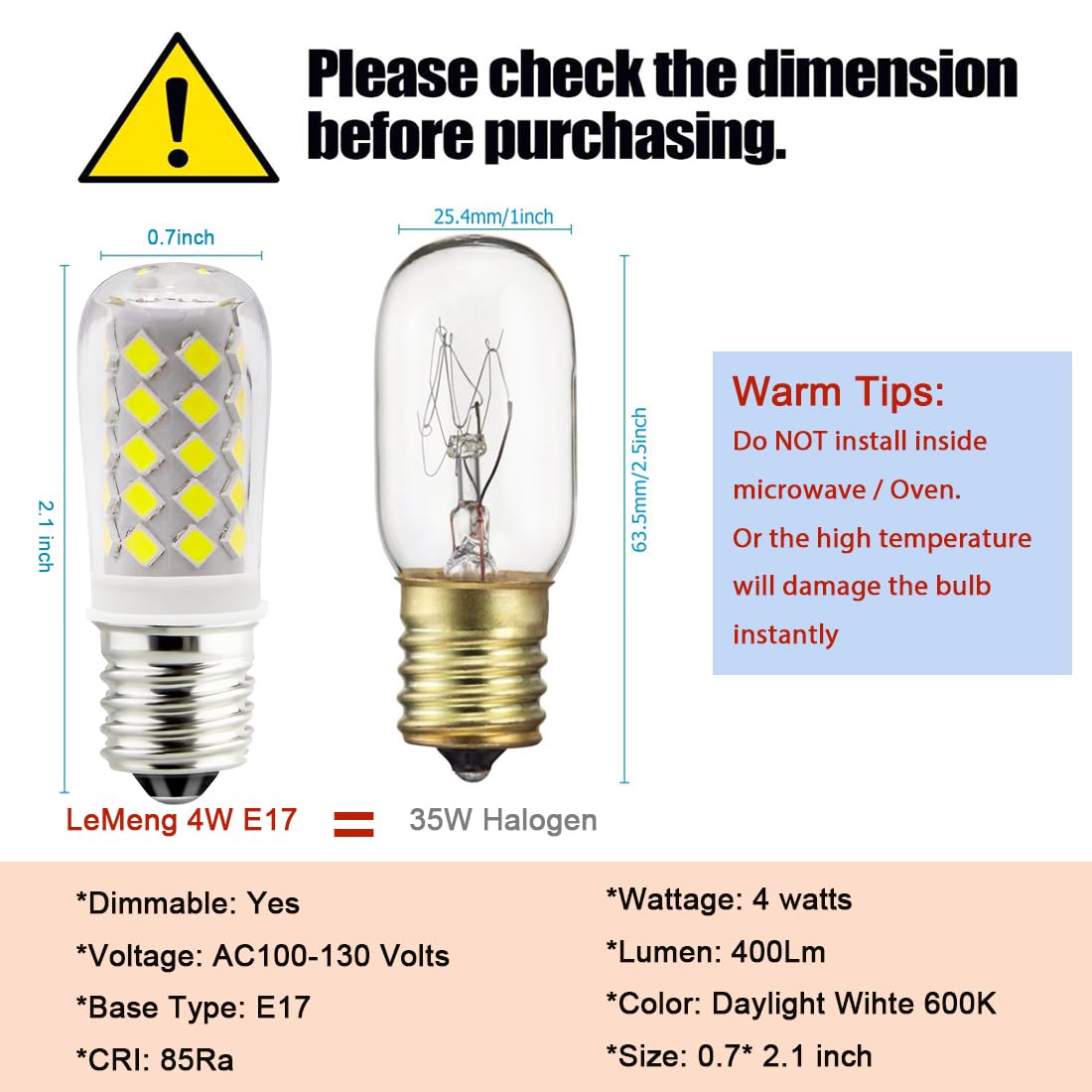 Dimmable E17 Led Ceiling Fan Light Bulb 4W, 40W Halogen Equivalent,120V E17 Intermediate Base For Desk Reading Lamp,Appliance Ra