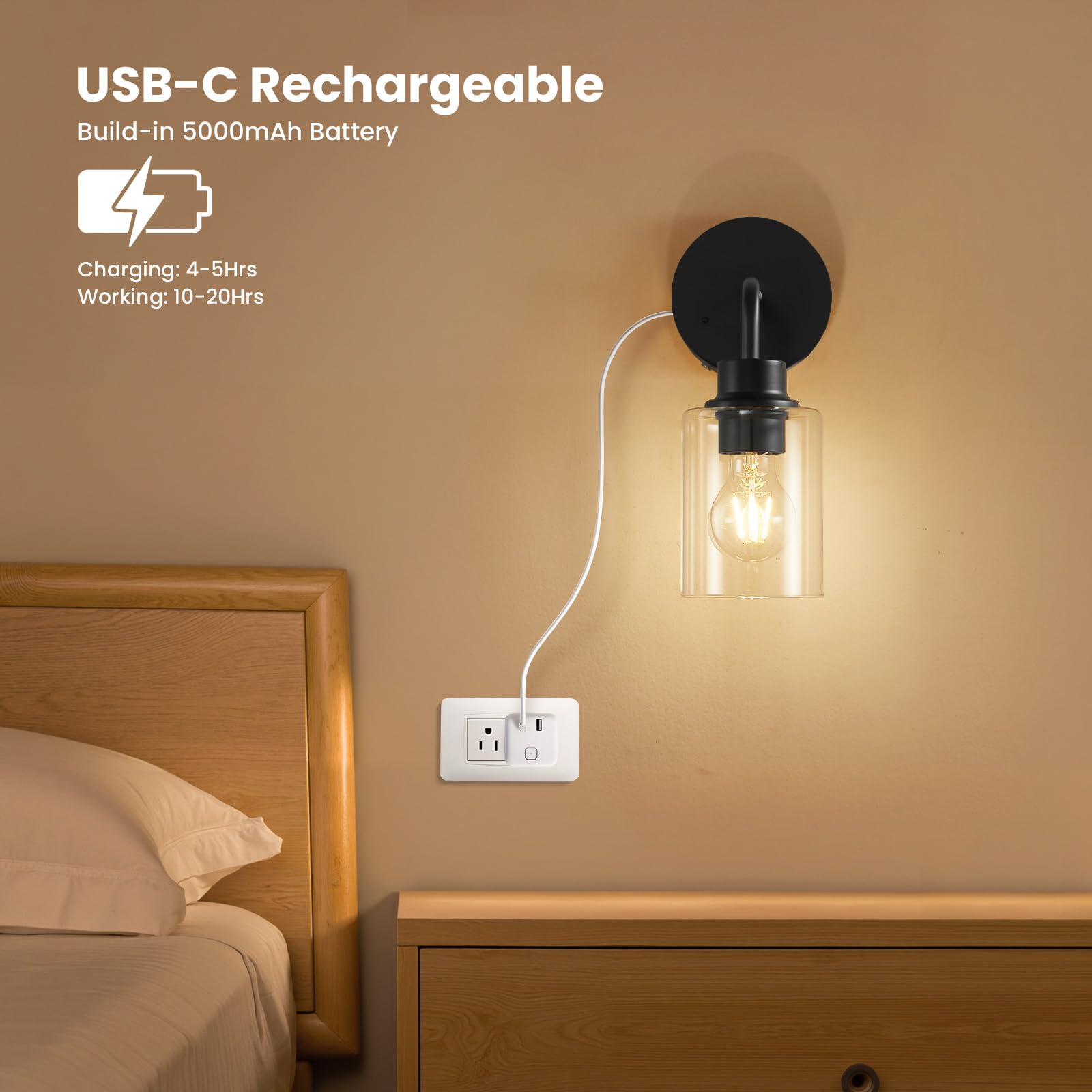 Epinl Battery Operated Wall Sconce Set of 2, Dimmable Wireless Lamps, Rechargeable, Black, Model 8210