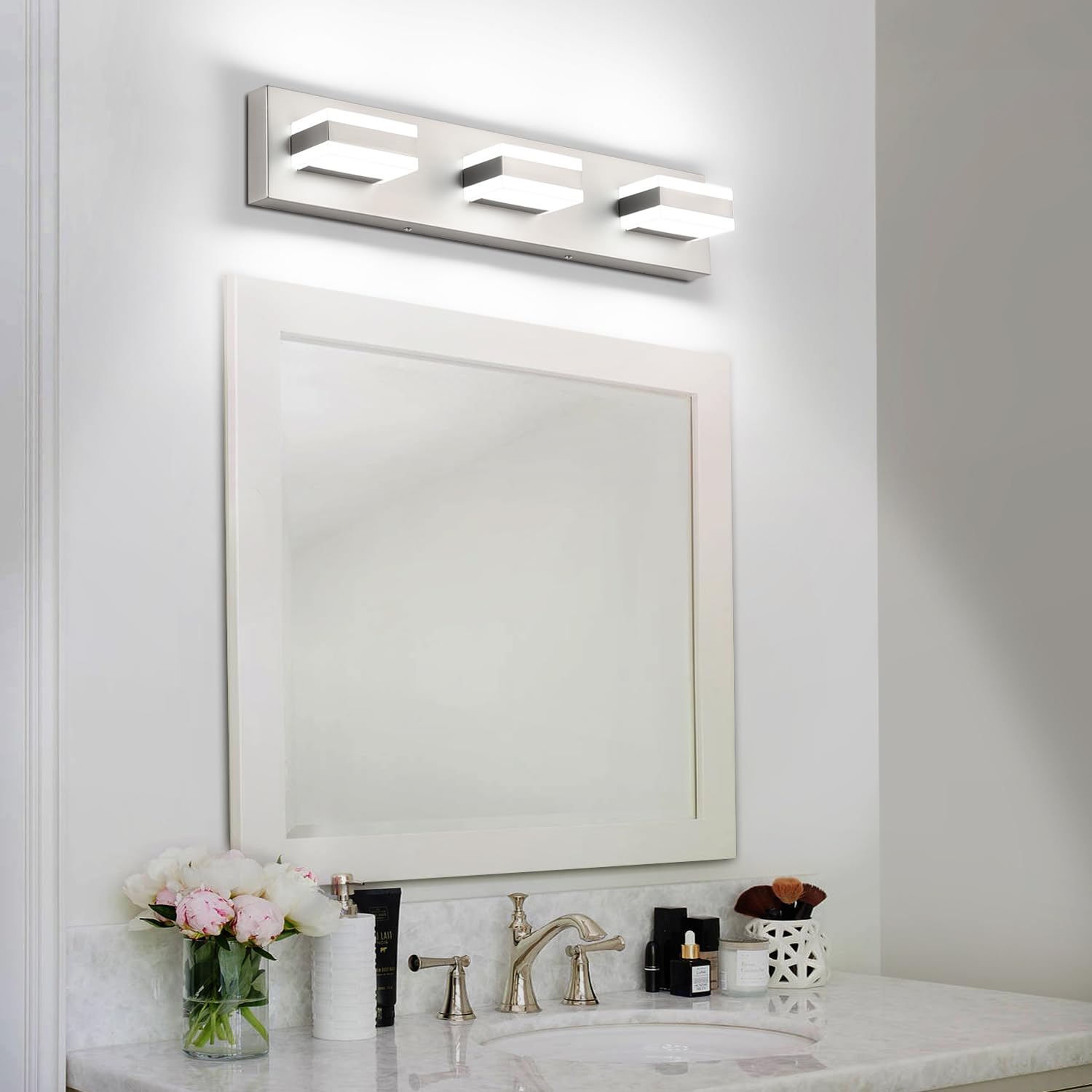 SOLFART Bathroom Vanity Lights - 3-Light Brushed Nickel Fixture, 21.7" Aluminum, Model S8568-3T-6000K-Nickel