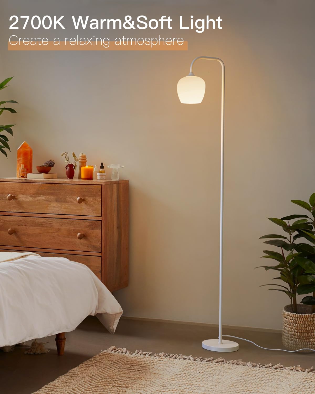 ONEWISH Modern White Floor Lamp with Opal Glass Shade, LED Bulb Included, Tall Design for Living Room & Bedroom, Model 13FLR003USC