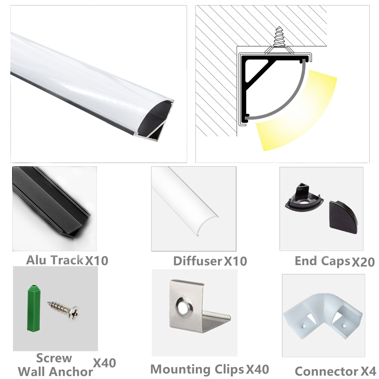 Thmoother Uv Resistance 6.56Ft V Shape Led Strip Black Channel Diffuser,10-Pack Aluminum Profiles With Frosted Cover And Corner Connector, Tape Track For Cabinet Stairs Wall Outdoor (6.56Ft, 10)