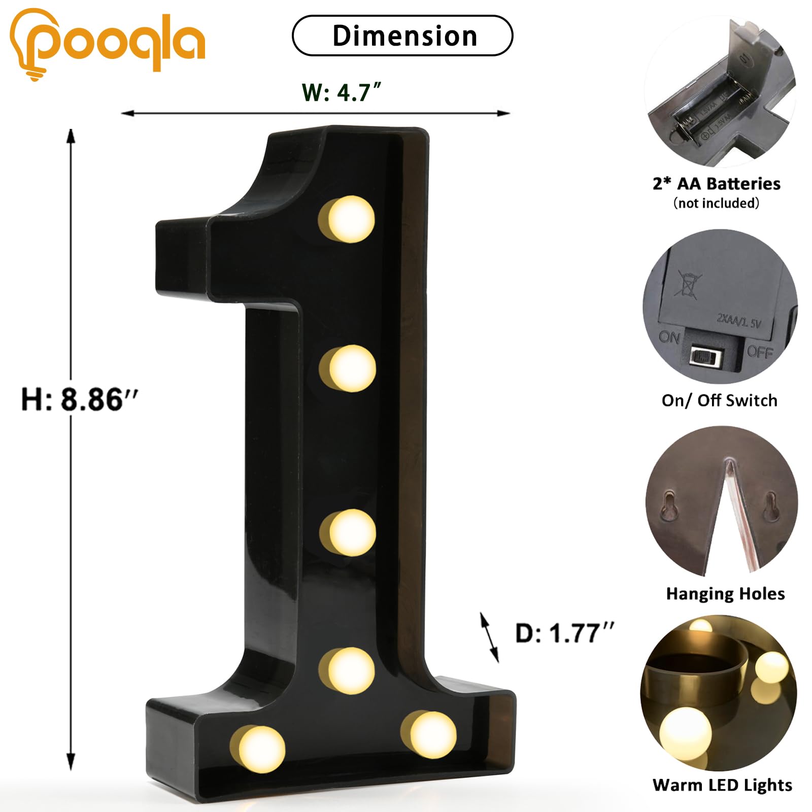 Pooqla Decorative Led Light Up Number Letters, Black Plastic Marquee Number Lights Sign For 1St 10Th 21Th Birthday Party Wedding Decor Battery Operated Black Number 1
