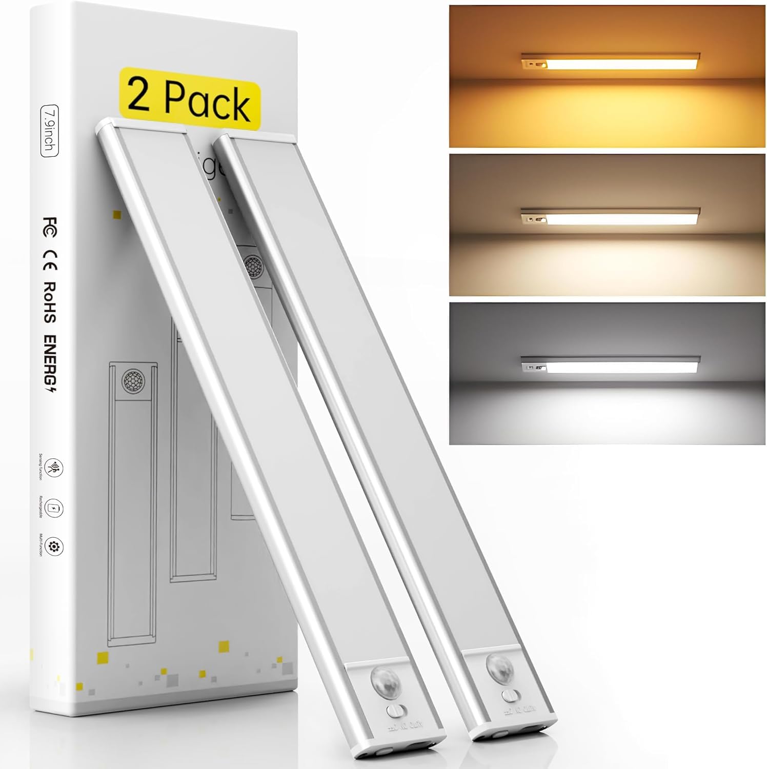 Under Cabinet Lights 2 Pack, Dimmable LED Rechargeable 1000mAh, Motion Sensor Light with 3 Color Temps, Magnetic Wireless Closet