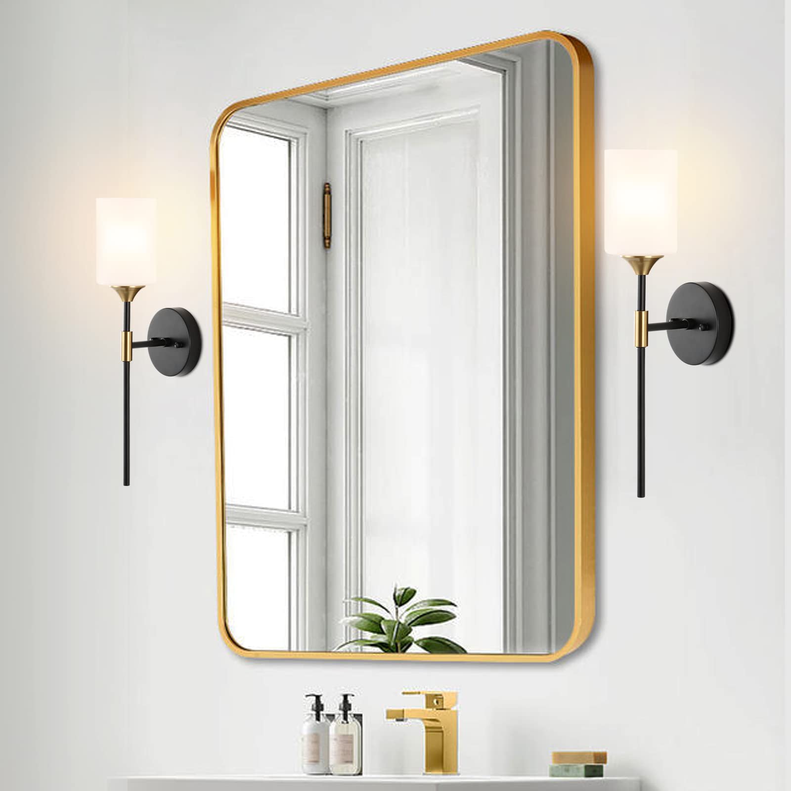 Byoliima Industrial Mid Century Wall Sconce Set Of 2 With White Cylinder Glass Shades Modern Bathroom Vanity Wall Lamp Black And